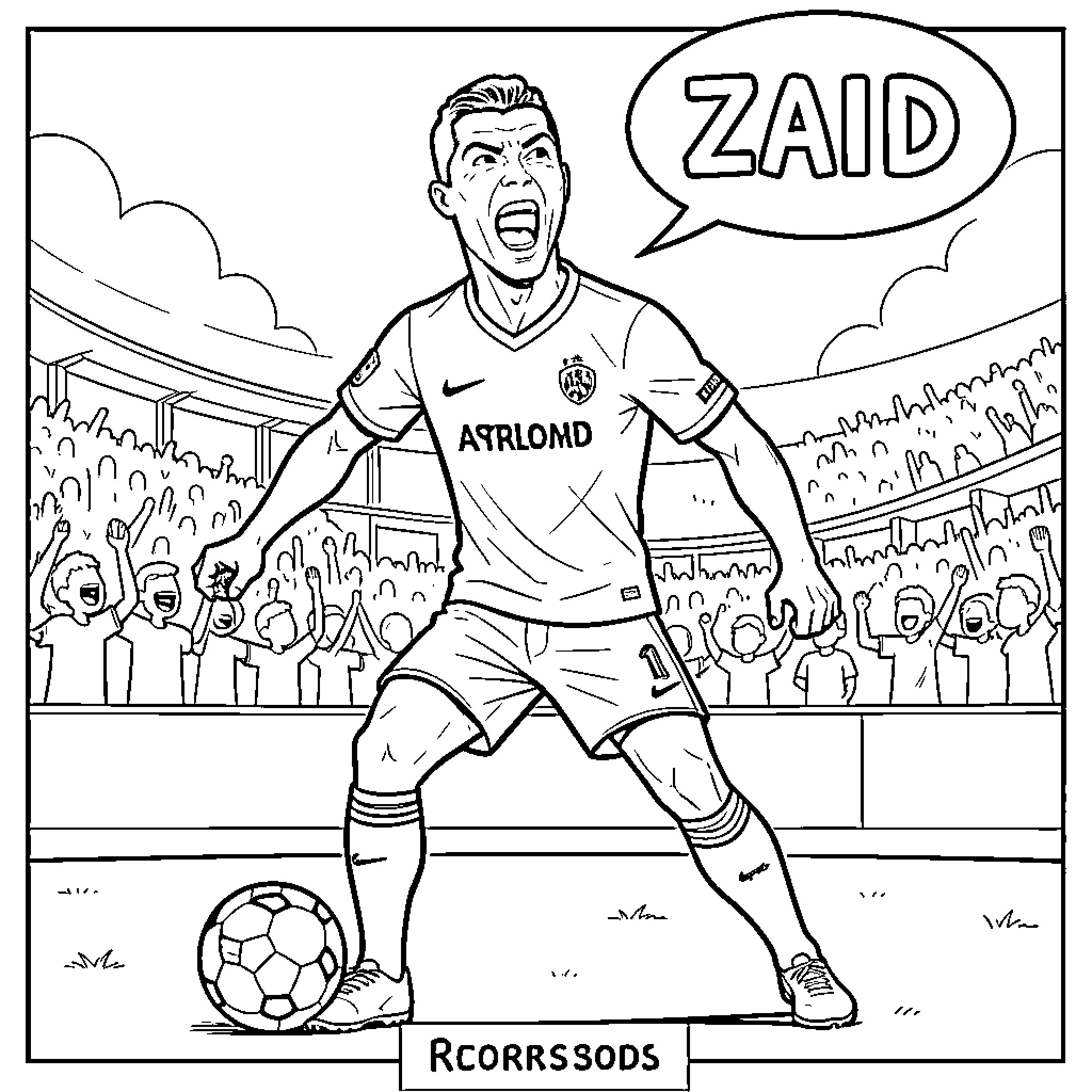 Cristiano Ronaldo celebrating a goal in a crowded stadium Coloring Page (free black-and-white line drawing printable PDF for all, from beginners to advanced learners, including children, teens, adults, and seniors)