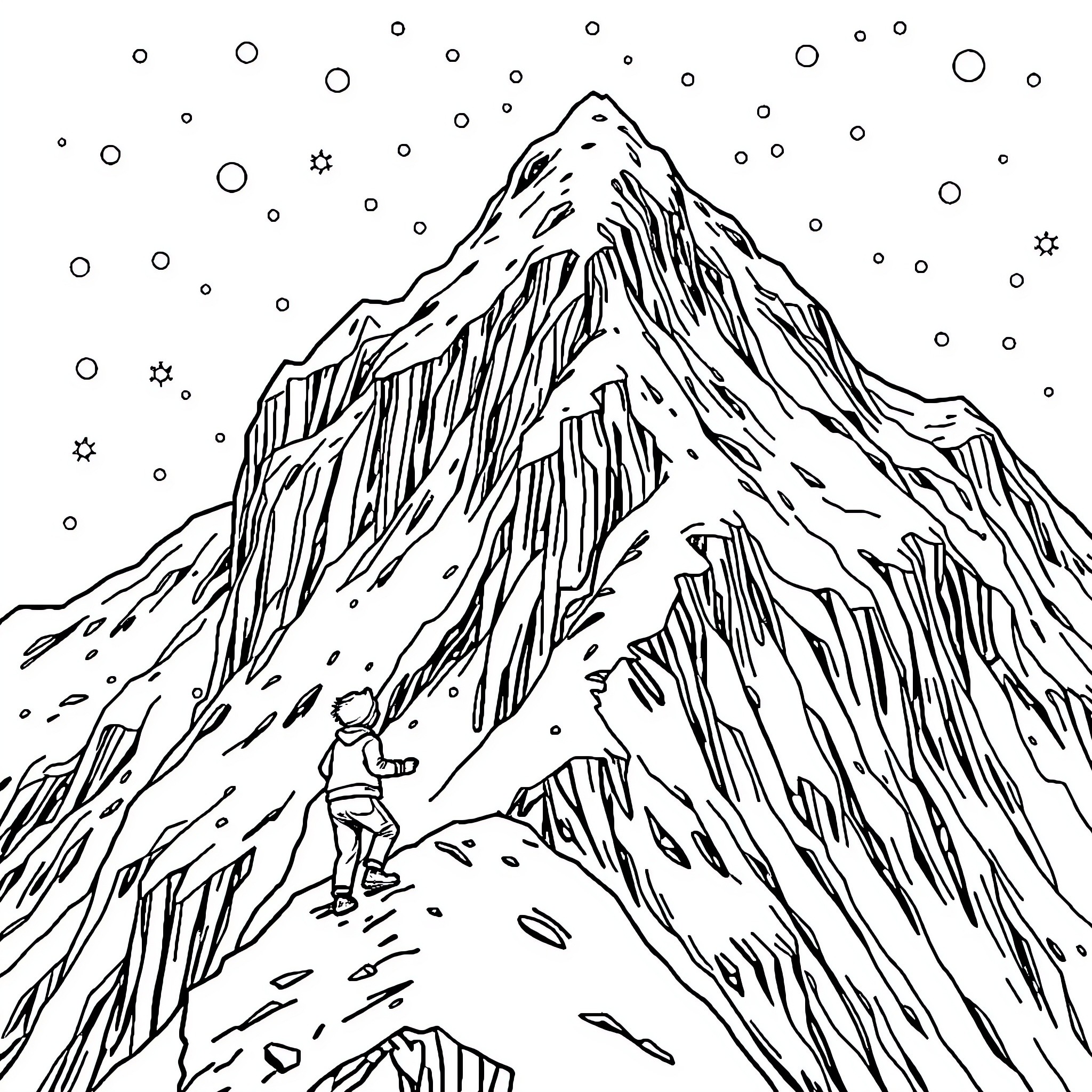Boy Hiking up Snowy Mountain with Stars Coloring Page (free black-and-white line drawing printable PDF for all, from beginners to advanced learners, including children, teens, adults, and seniors)