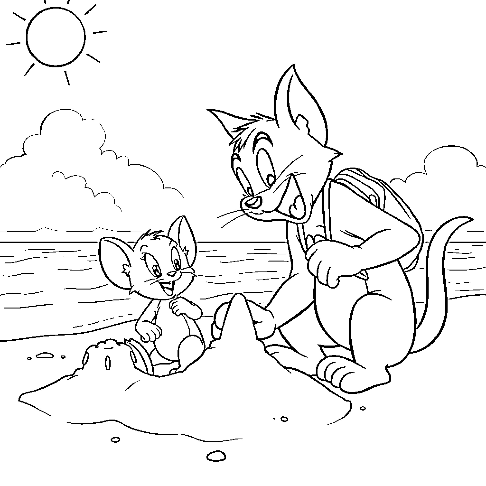 Tom and Jerry playing on the beach Coloring Page (free black-and-white line drawing printable PDF for all, from beginners to advanced learners, including children, teens, adults, and seniors)