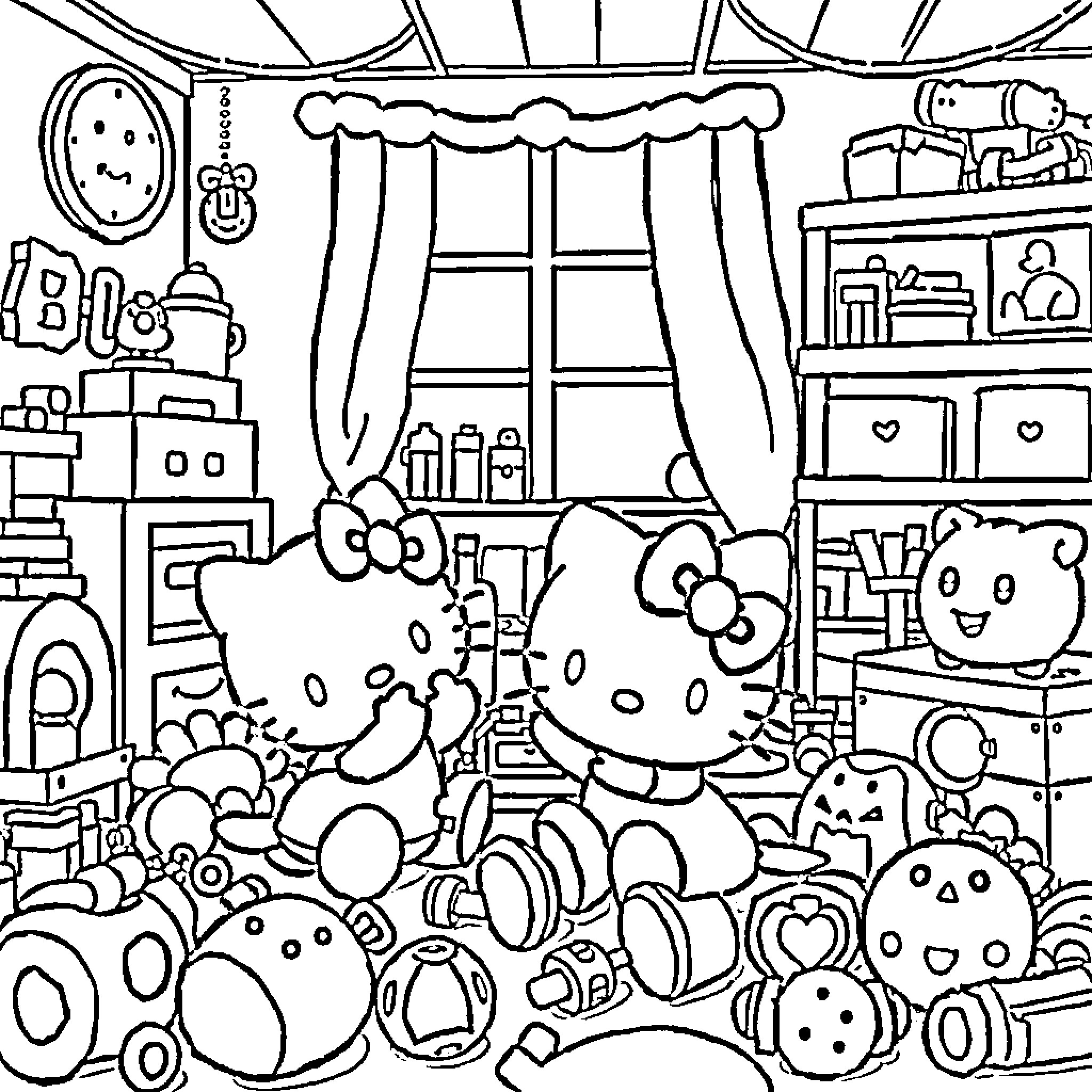 Hello Kitty's Cozy Cottage Filled with Playful Friends Coloring Page (free black-and-white line drawing printable PDF for all, from beginners to advanced learners, including children, teens, adults, and seniors)