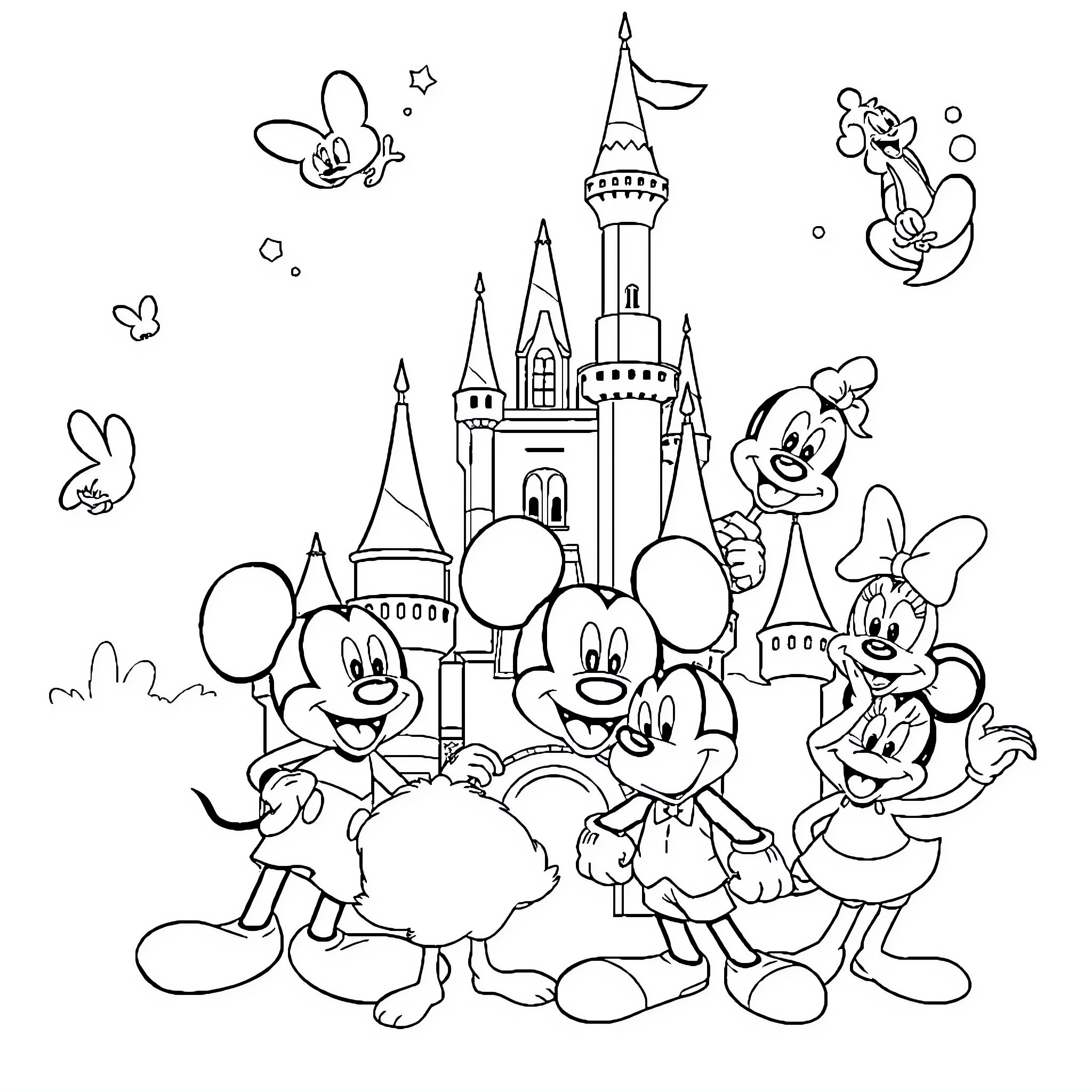 Disney Characters Celebrating at Enchanted Castle Coloring Page (free black-and-white line drawing printable PDF for all, from beginners to advanced learners, including children, teens, adults, and seniors)