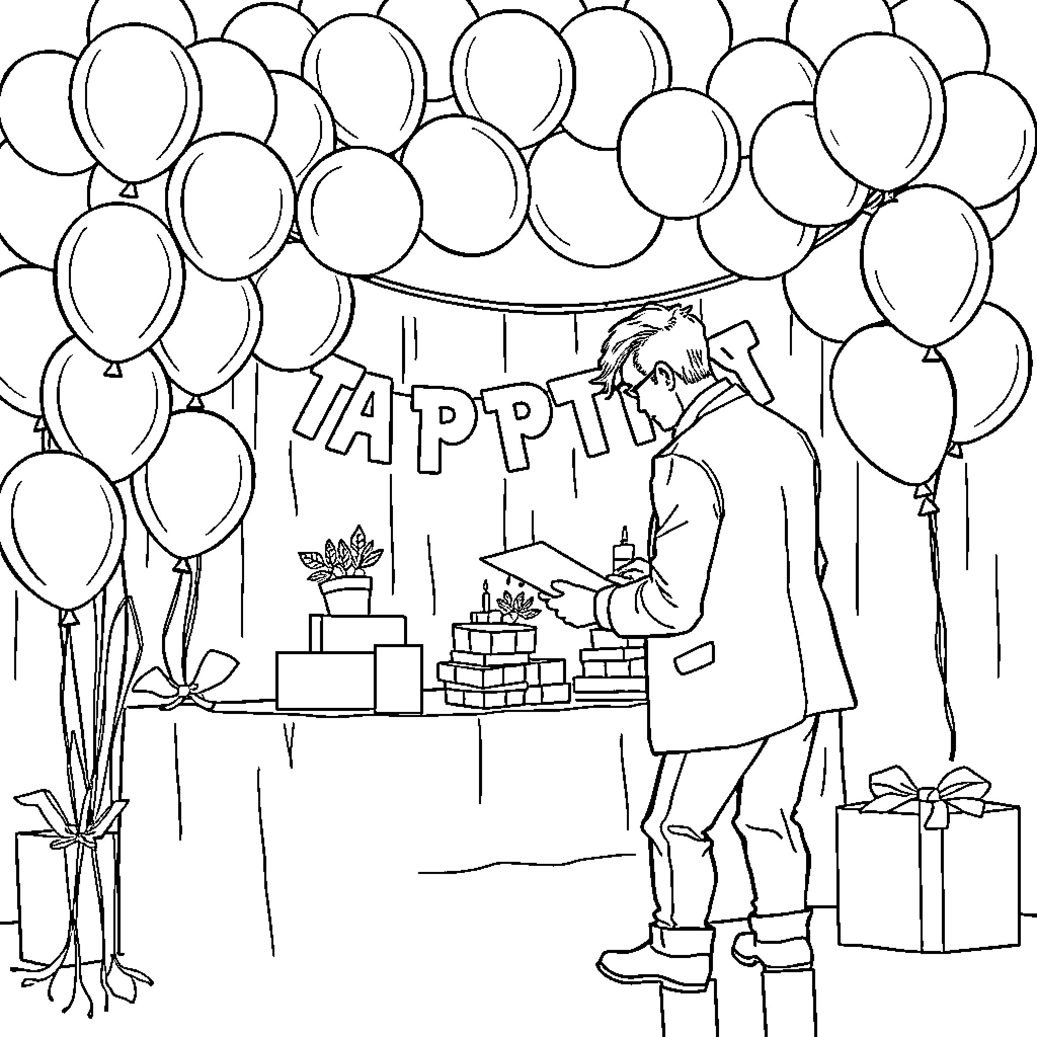 Party Planner Decorating for an Occasion with Balloons Coloring Page (free black-and-white line drawing printable PDF for all, from beginners to advanced learners, including children, teens, adults, and seniors)