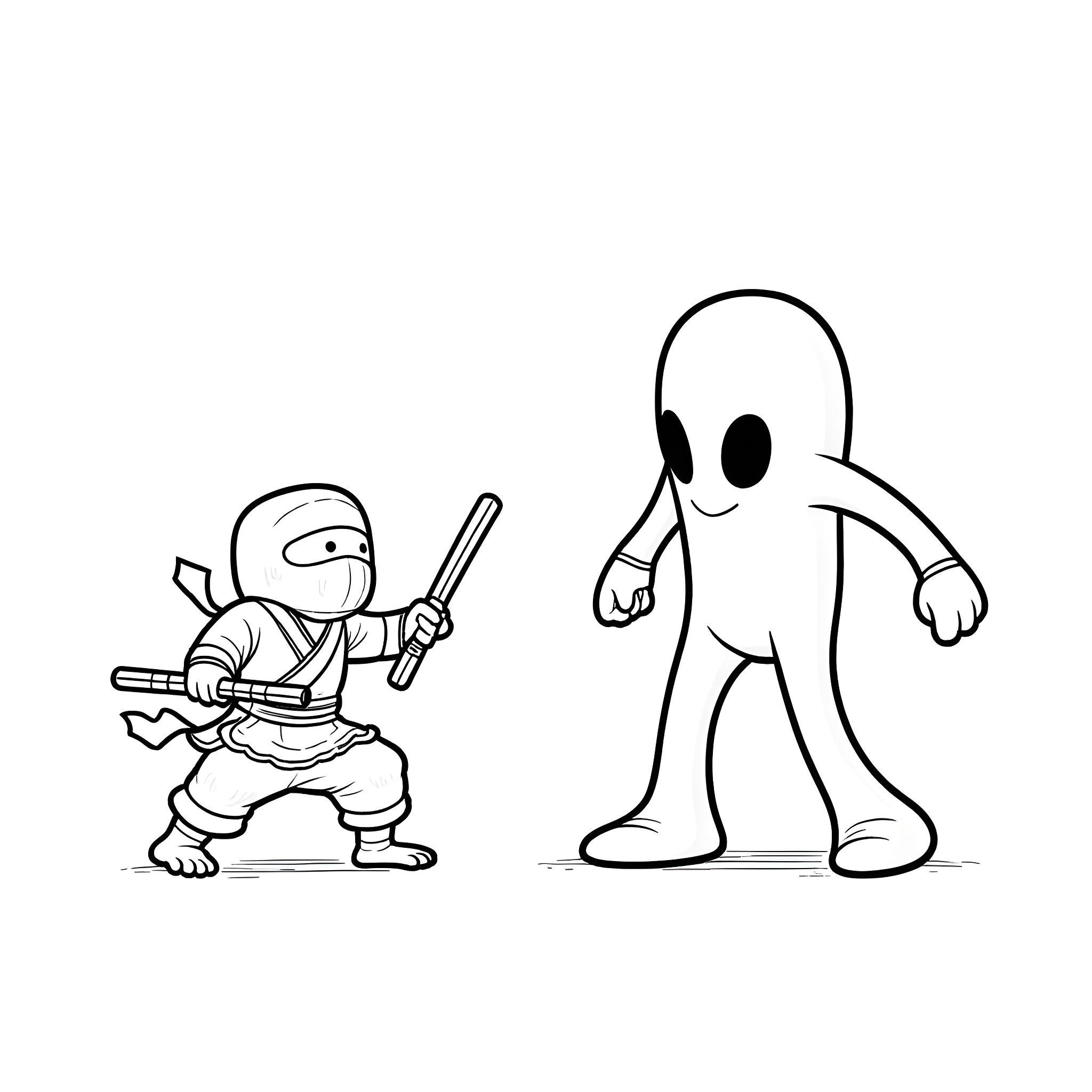 Enderman encounters a ninja warrior Coloring Page (free black-and-white line drawing printable PDF for all, from beginners to advanced learners, including children, teens, adults, and seniors)