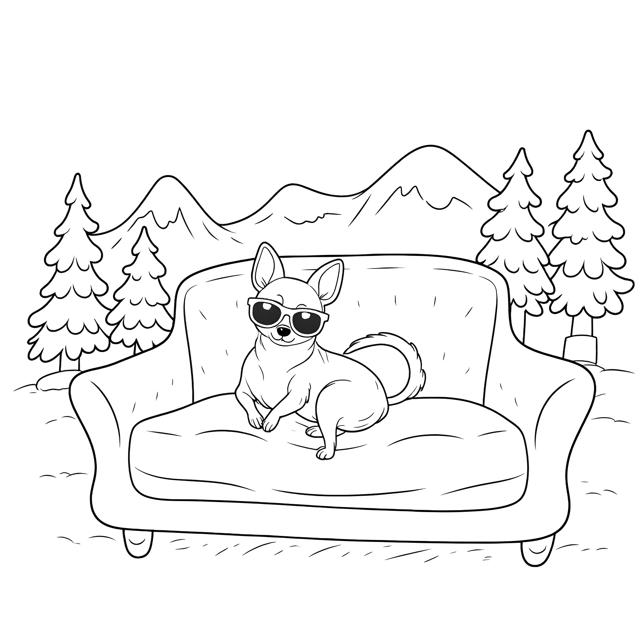 Chihuahua lounging comfortably on a couch in the mountains Coloring Page (free black-and-white line drawing printable PDF for all, from beginners to advanced learners, including children, teens, adults, and seniors)