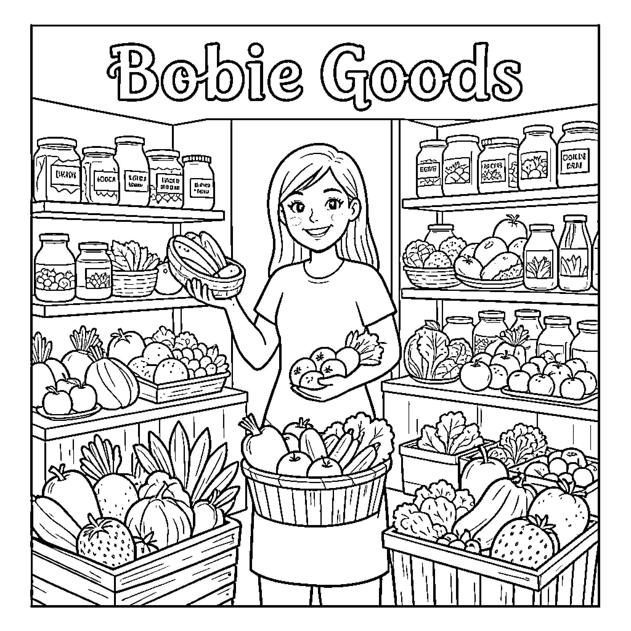 Bobie standing in a grocery store holding food baskets Coloring Page (free black-and-white line drawing printable PDF for all, from beginners to advanced learners, including children, teens, adults, and seniors)