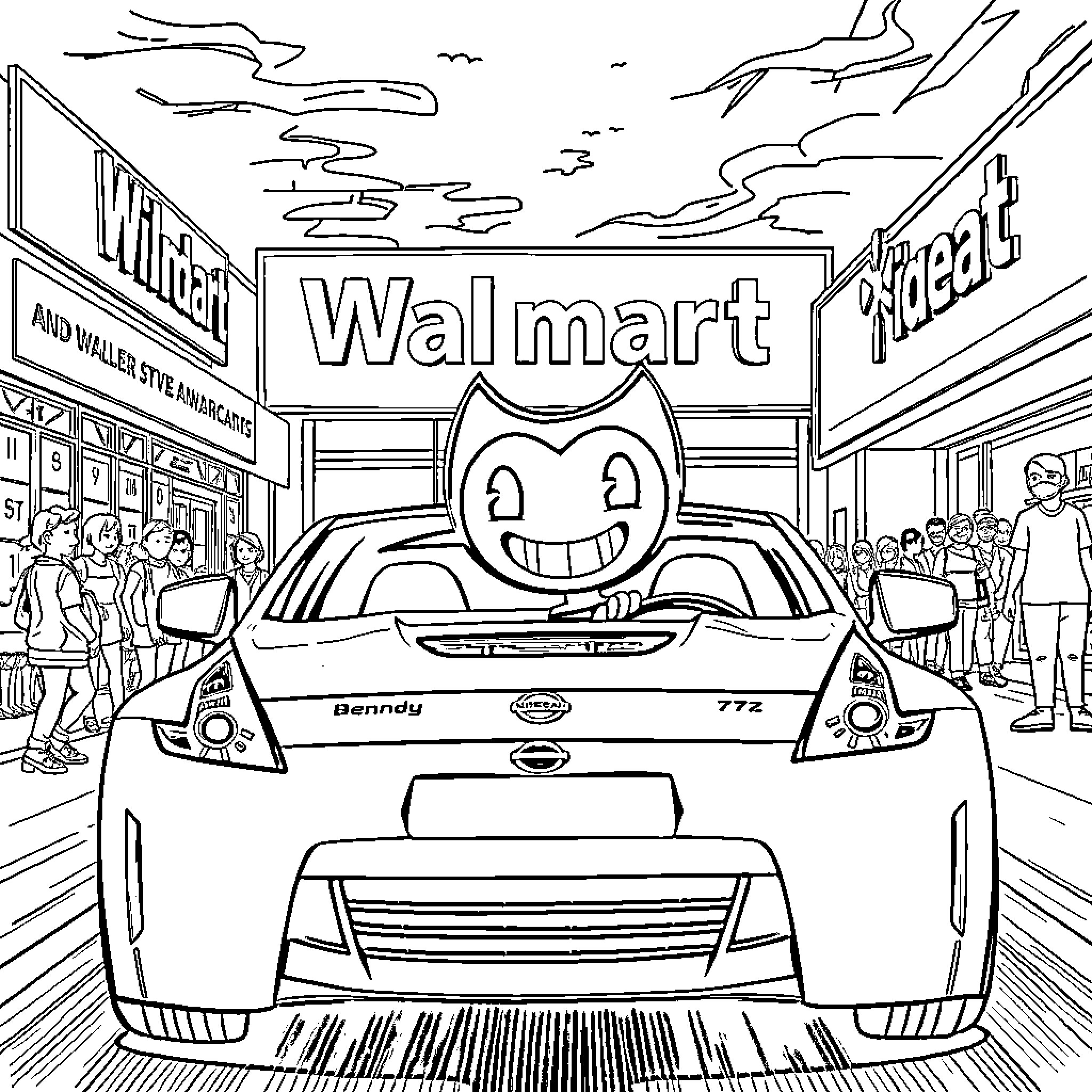 Bendy car drives through lively Walmart scene Coloring Page (free black-and-white line drawing printable PDF for all, from beginners to advanced learners, including children, teens, adults, and seniors)
