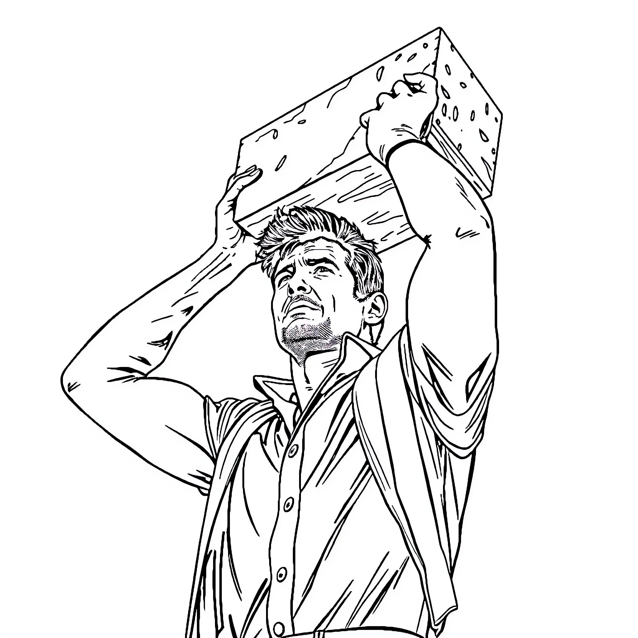 Patrick Swayze carrying heavy object in dramatic pose Coloring Page (free black-and-white line drawing printable PDF for all, from beginners to advanced learners, including children, teens, adults, and seniors)