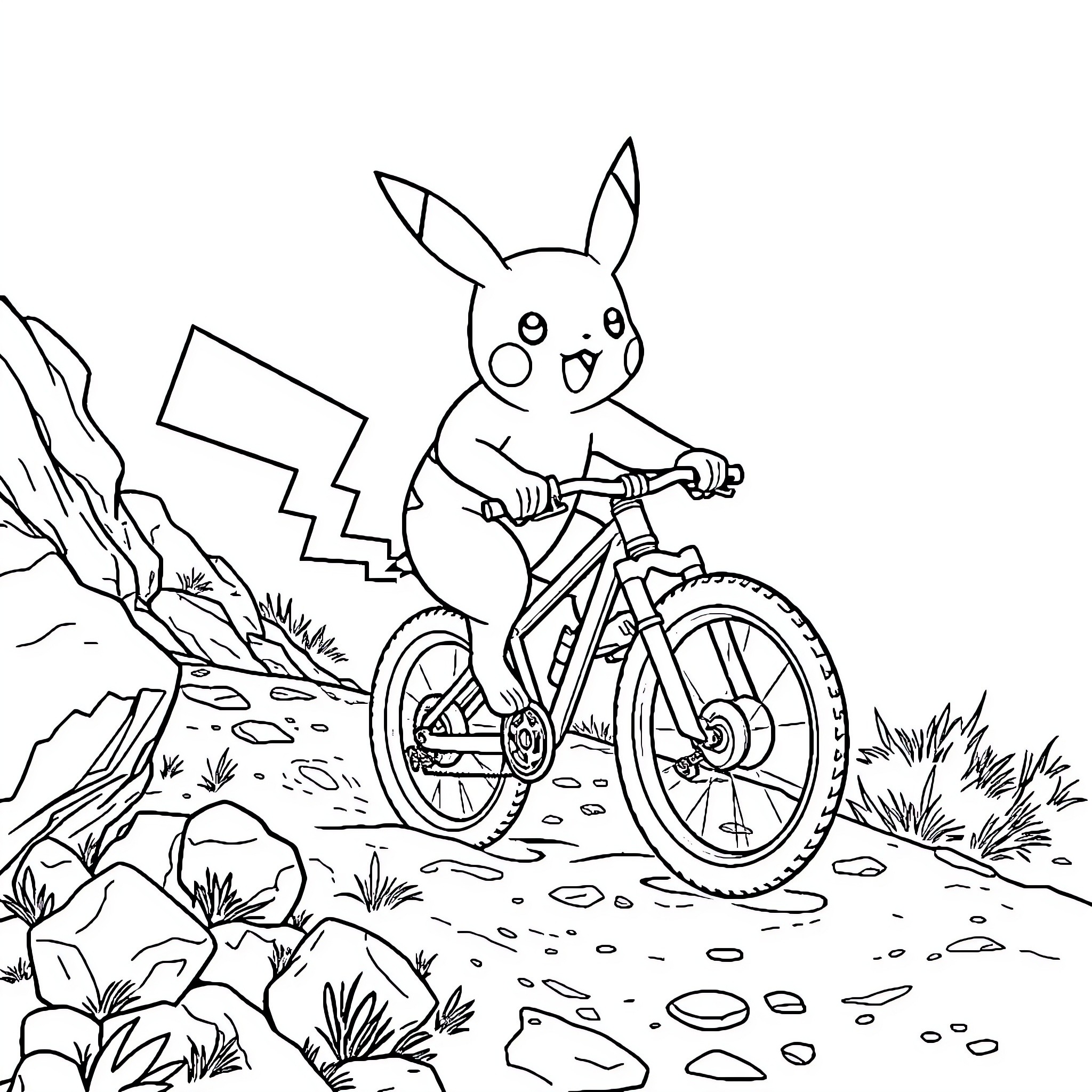 Pikachu riding a bicycle through the wilderness Coloring Page (free black-and-white line drawing printable PDF for all, from beginners to advanced learners, including children, teens, adults, and seniors)