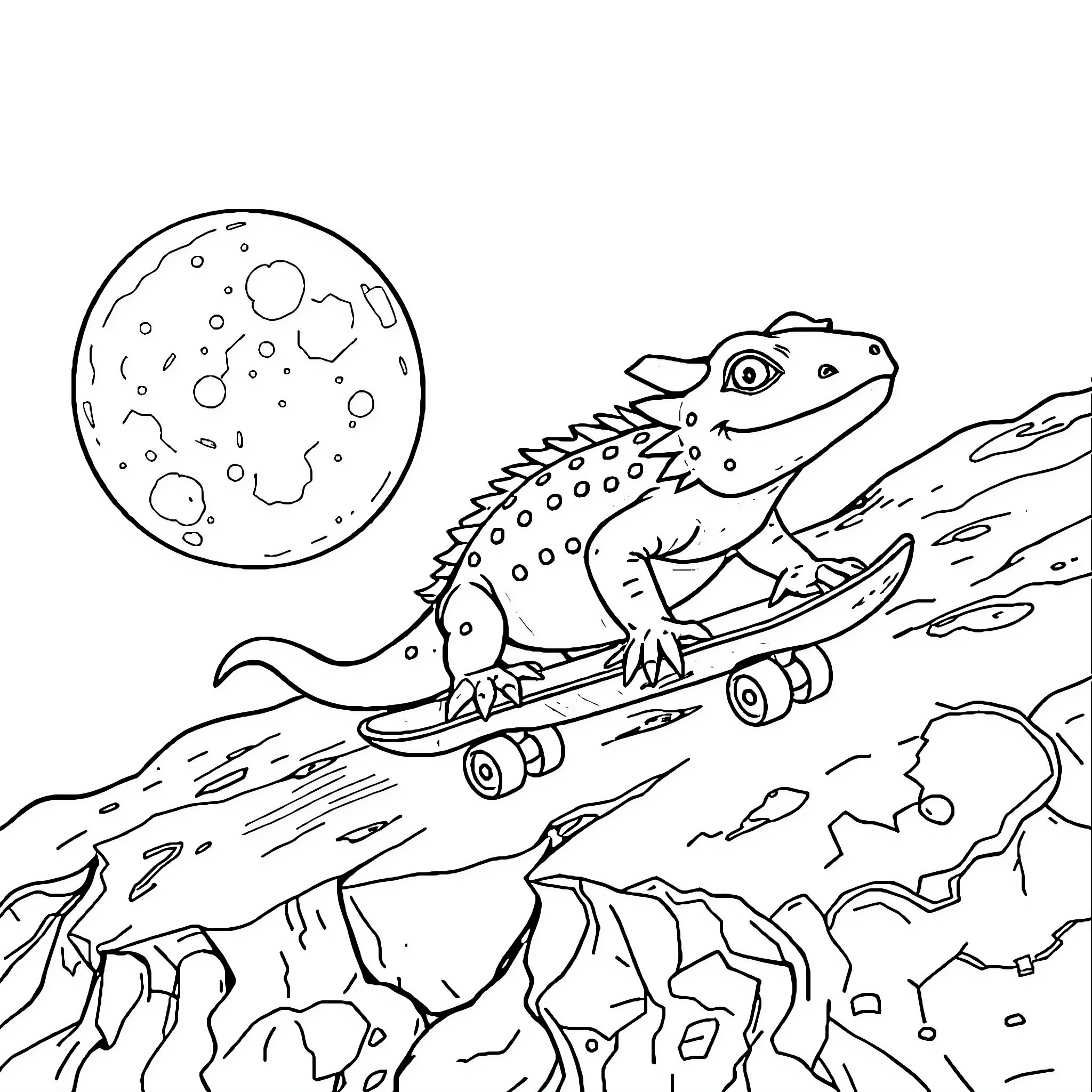 Axolotl skateboarding under the moon Coloring Page (free black-and-white line drawing printable PDF for all, from beginners to advanced learners, including children, teens, adults, and seniors)