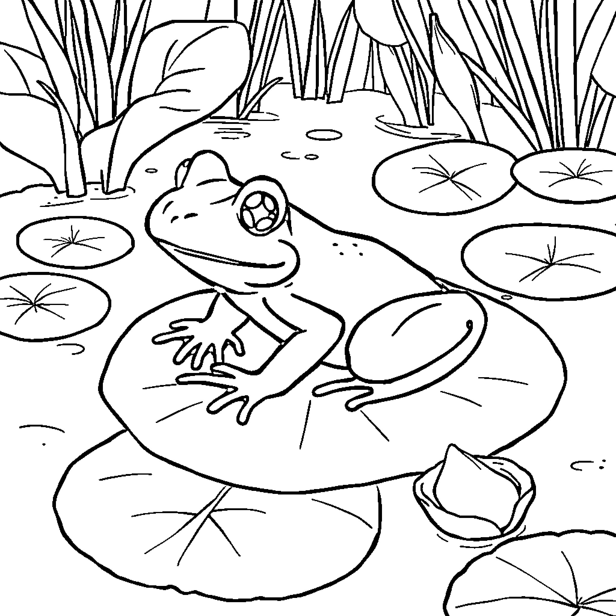 Frog resting on lily pad in pond Coloring Page (free black-and-white line drawing printable PDF for all, from beginners to advanced learners, including children, teens, adults, and seniors)