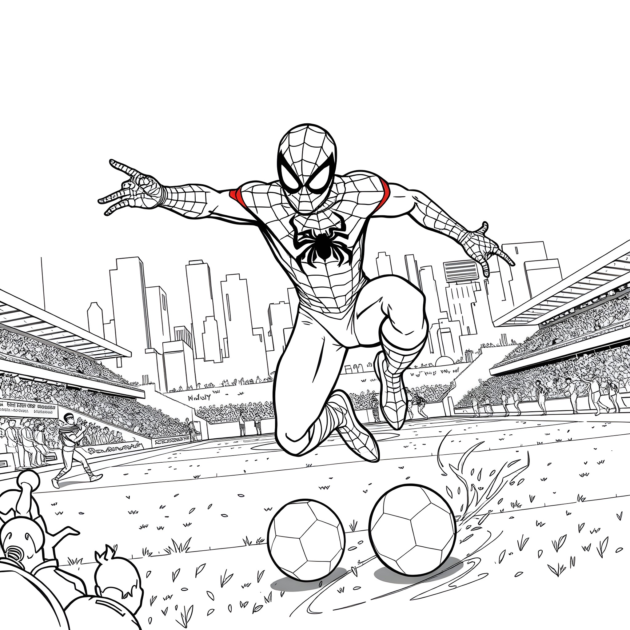Spider-Man swinging over the city during a football match Coloring Page (free black-and-white line drawing printable PDF for all, from beginners to advanced learners, including children, teens, adults, and seniors)