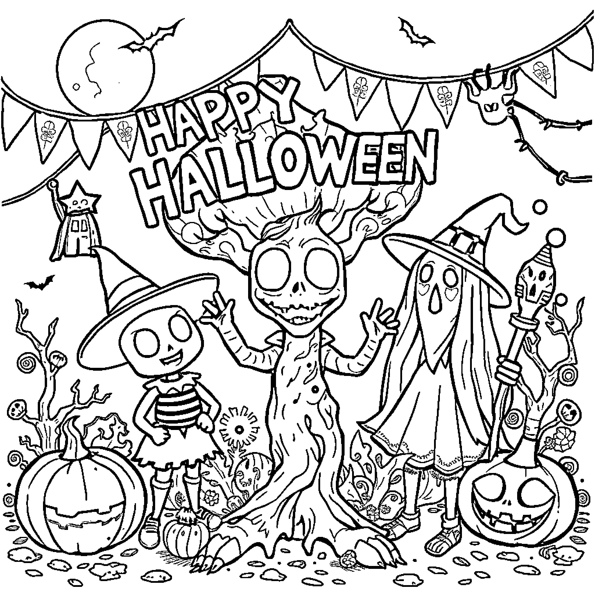 Brainroot Halloween Celebration with Festive Characters Coloring Page (free black-and-white line drawing printable PDF for all, from beginners to advanced learners, including children, teens, adults, and seniors)
