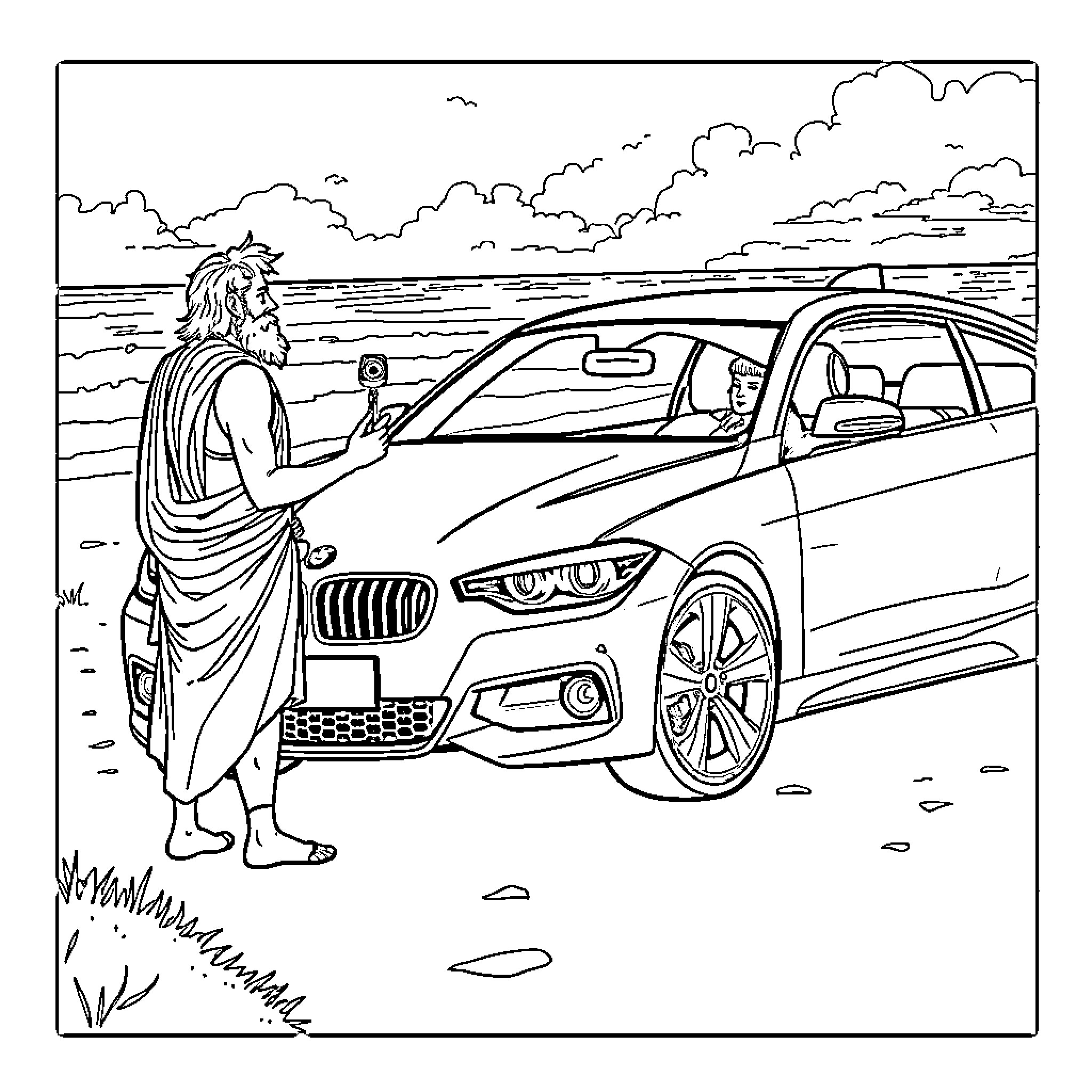 Odysseus encounters a luxury sedan on his journey Coloring Page (free black-and-white line drawing printable PDF for all, from beginners to advanced learners, including children, teens, adults, and seniors)