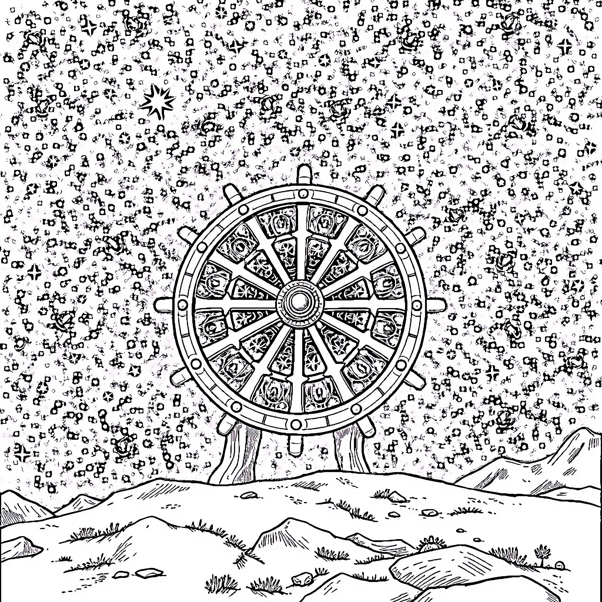 Wheel of Time: Cosmic Wheel Amidst Starry Landscape Coloring Page (free black-and-white line drawing printable PDF for all, from beginners to advanced learners, including children, teens, adults, and seniors)