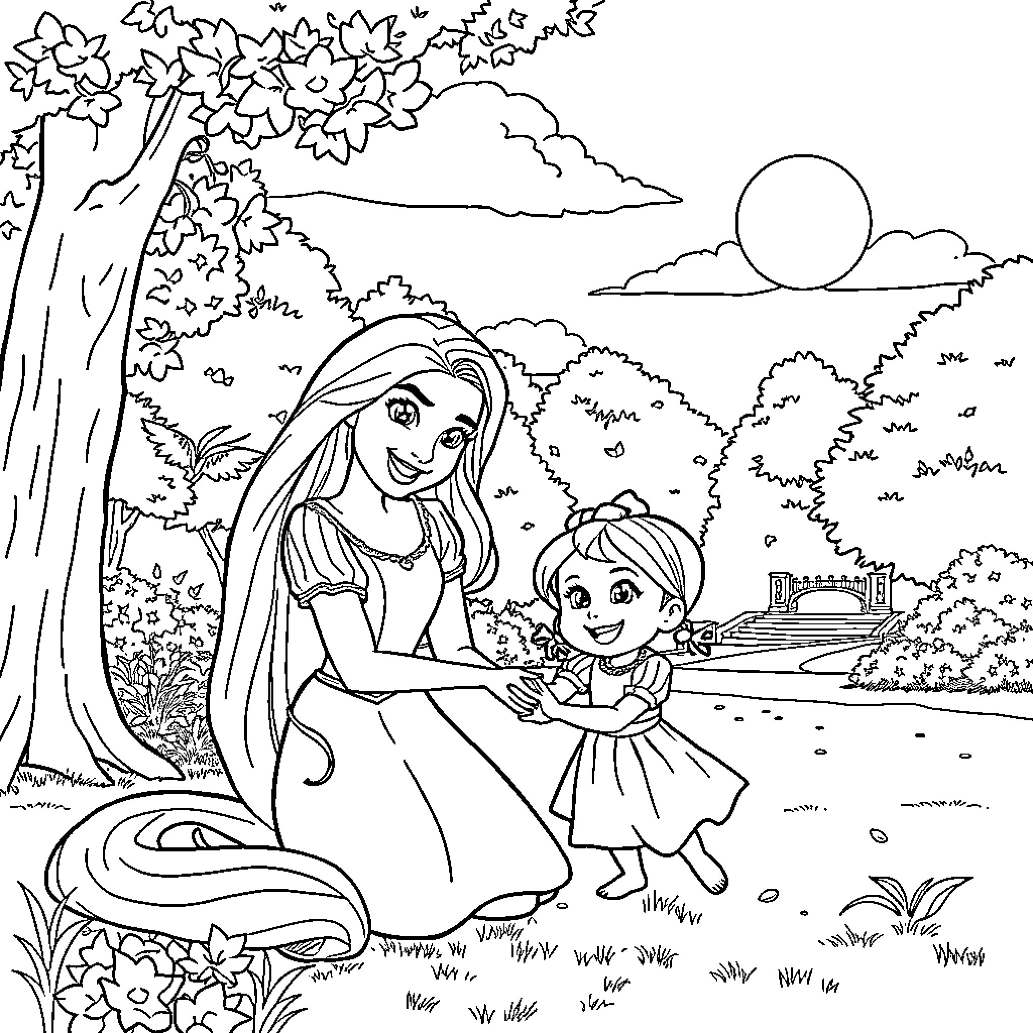 Rapunzel and her young companion enjoying the outdoors Coloring Page (free black-and-white line drawing printable PDF for all, from beginners to advanced learners, including children, teens, adults, and seniors)
