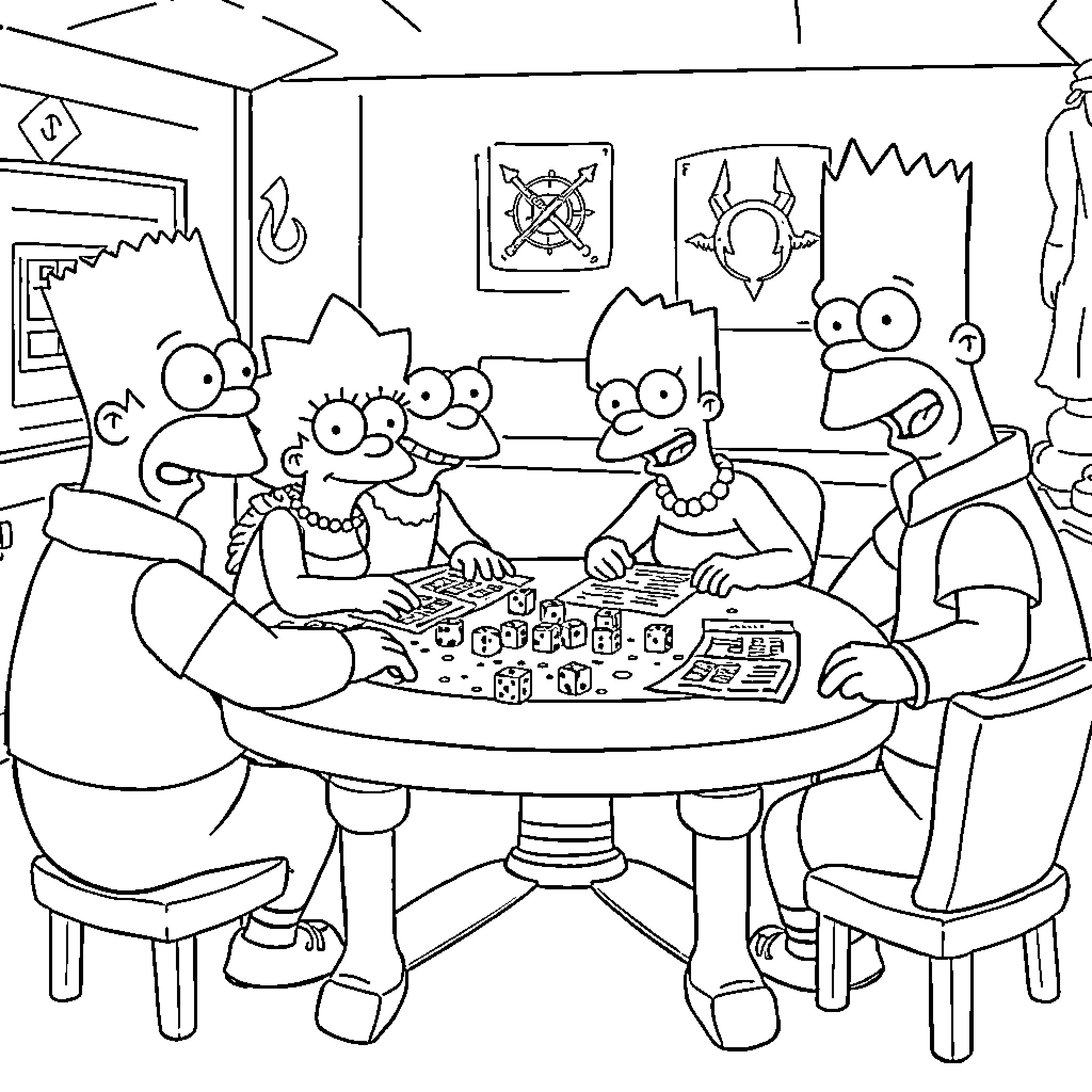 Simpson family playing board games together Coloring Page (free black-and-white line drawing printable PDF for all, from beginners to advanced learners, including children, teens, adults, and seniors)