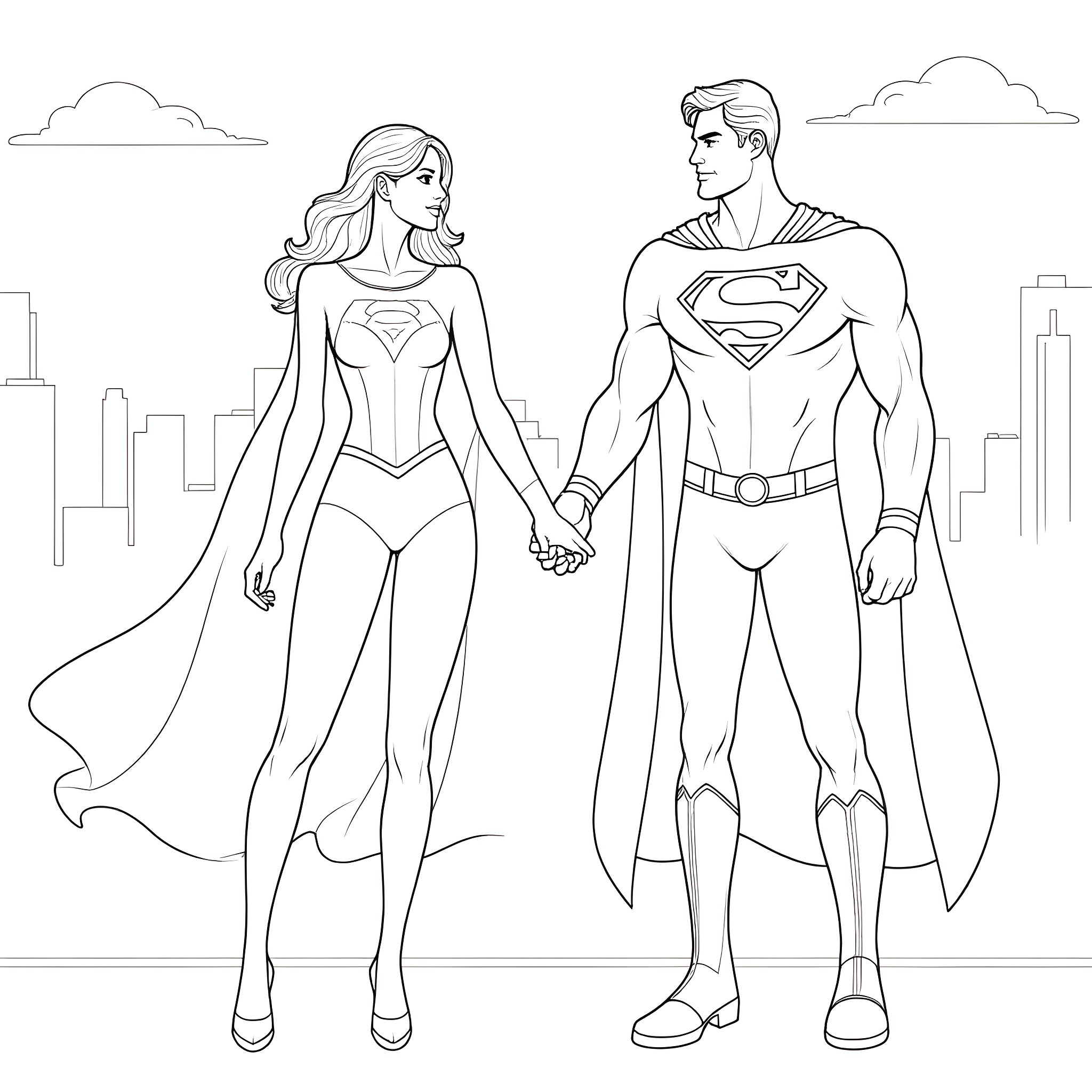 Superman and Superwoman saving the city Coloring Page (free black-and-white line drawing printable PDF for all, from beginners to advanced learners, including children, teens, adults, and seniors)