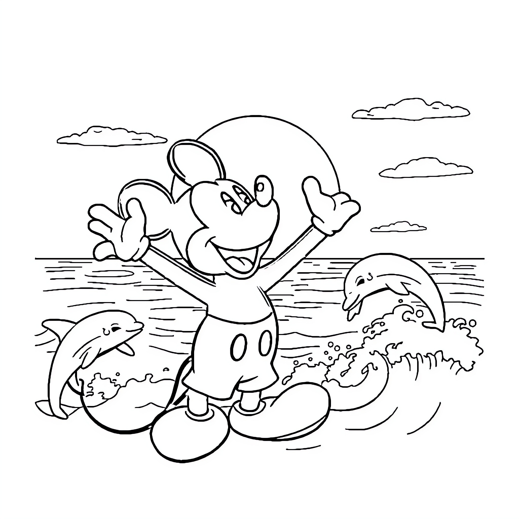Mickey Mouse playing in the ocean with dolphins Coloring Page (free black-and-white line drawing printable PDF for all, from beginners to advanced learners, including children, teens, adults, and seniors)