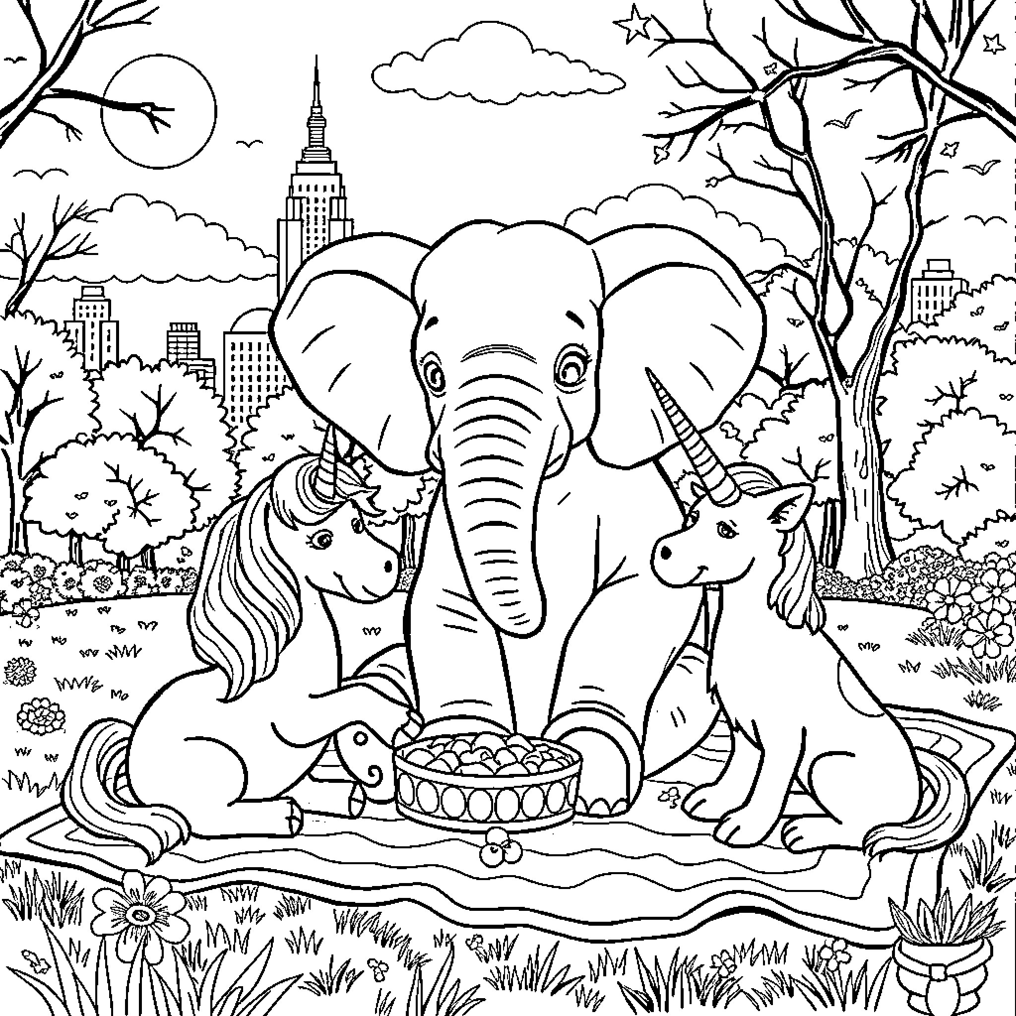 Elephant, Unicorn, and Animals in Magical Scene Coloring Page (free black-and-white line drawing printable PDF for all, from beginners to advanced learners, including children, teens, adults, and seniors)