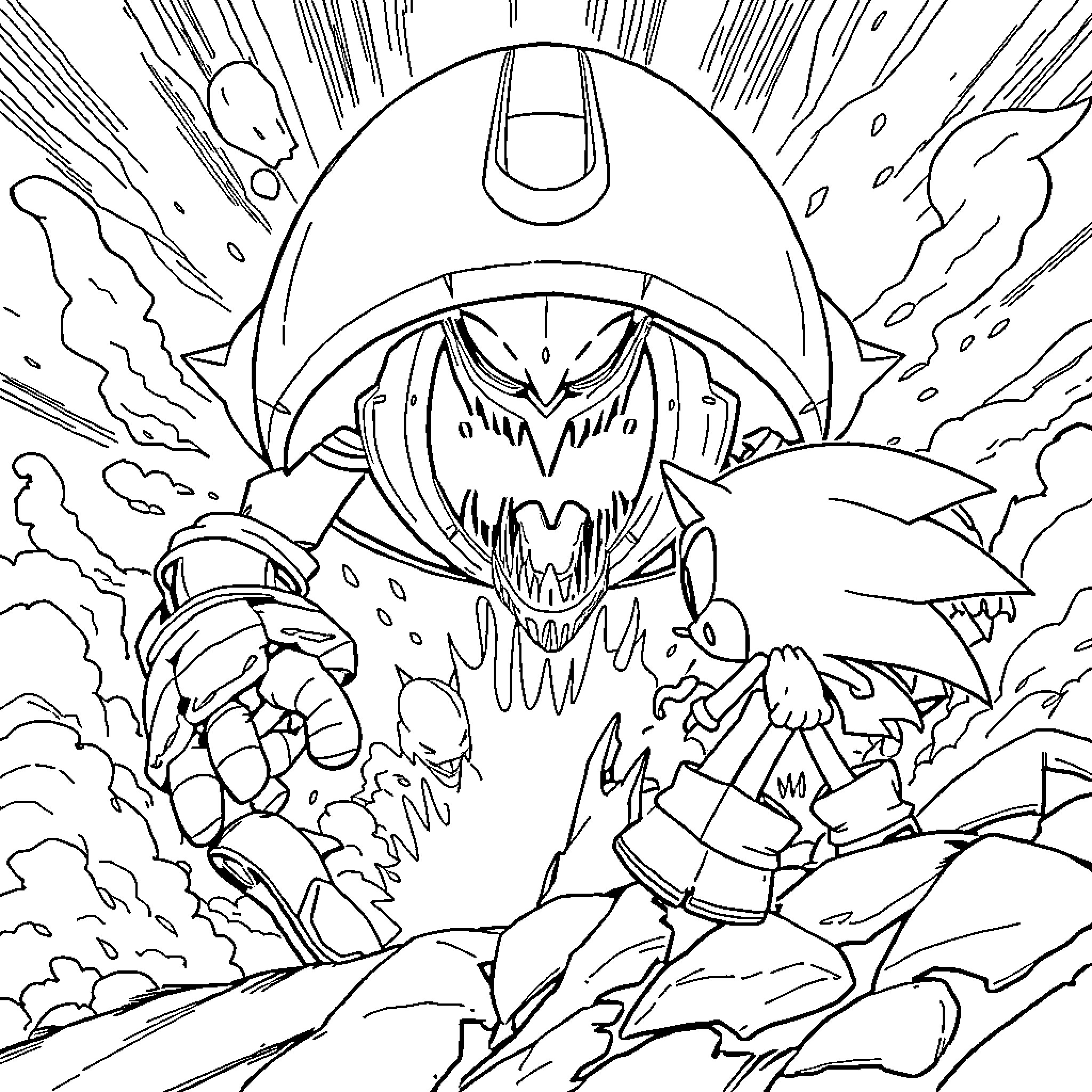 Sonic facing a menacing foe in a chaotic scene Coloring Page (free black-and-white line drawing printable PDF for all, from beginners to advanced learners, including children, teens, adults, and seniors)