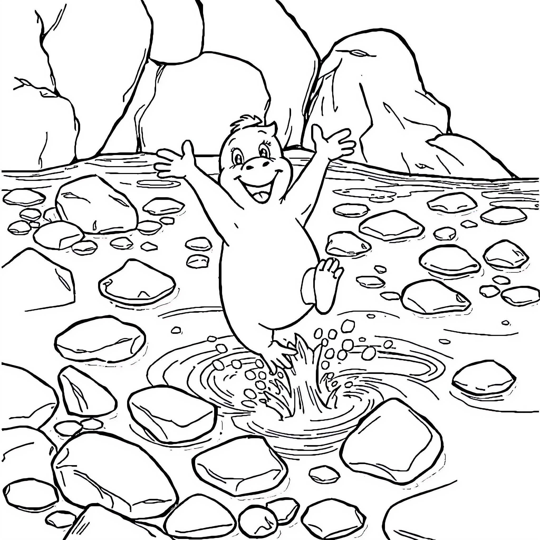 Mono Creature Splashing in Rocky River Coloring Page (free black-and-white line drawing printable PDF for all, from beginners to advanced learners, including children, teens, adults, and seniors)