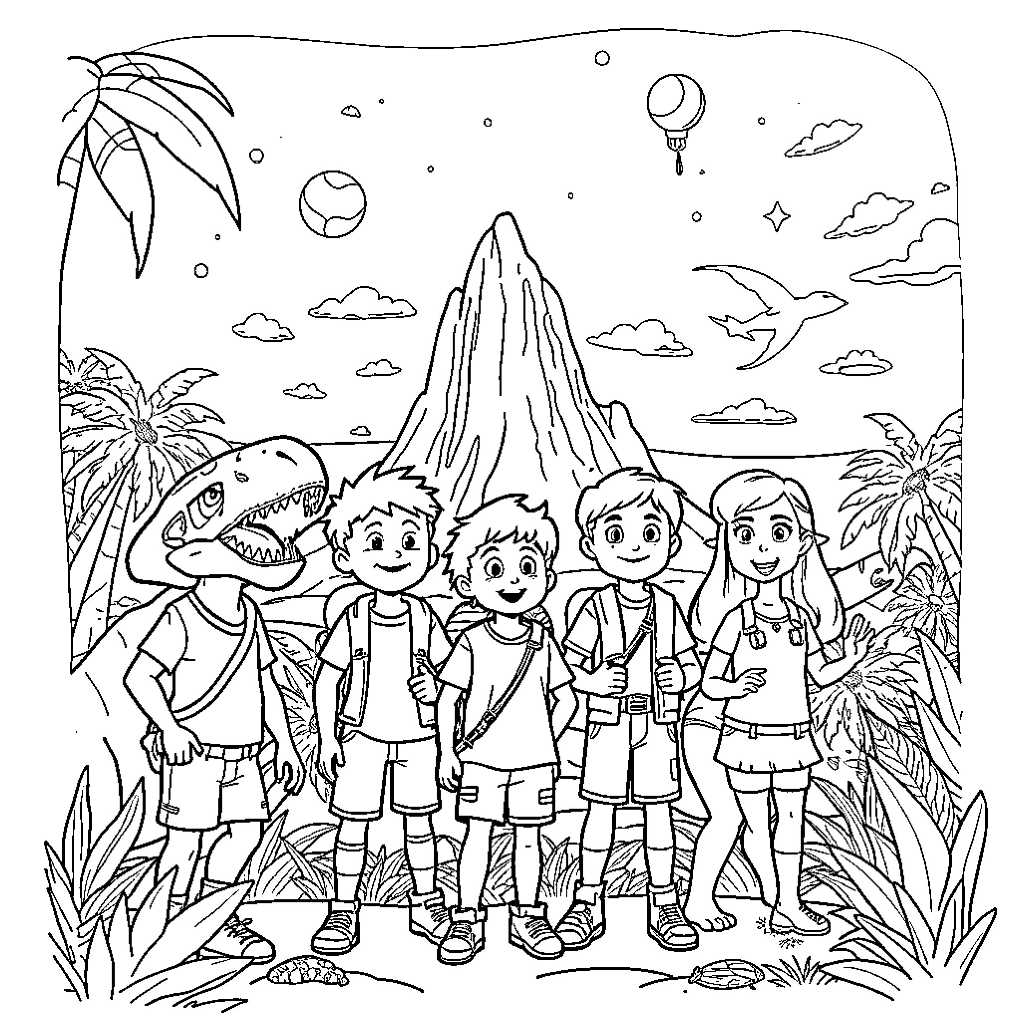 Camp Cretaceous group exploring the dinosaur-filled wilderness Coloring Page (free black-and-white line drawing printable PDF for all, from beginners to advanced learners, including children, teens, adults, and seniors)