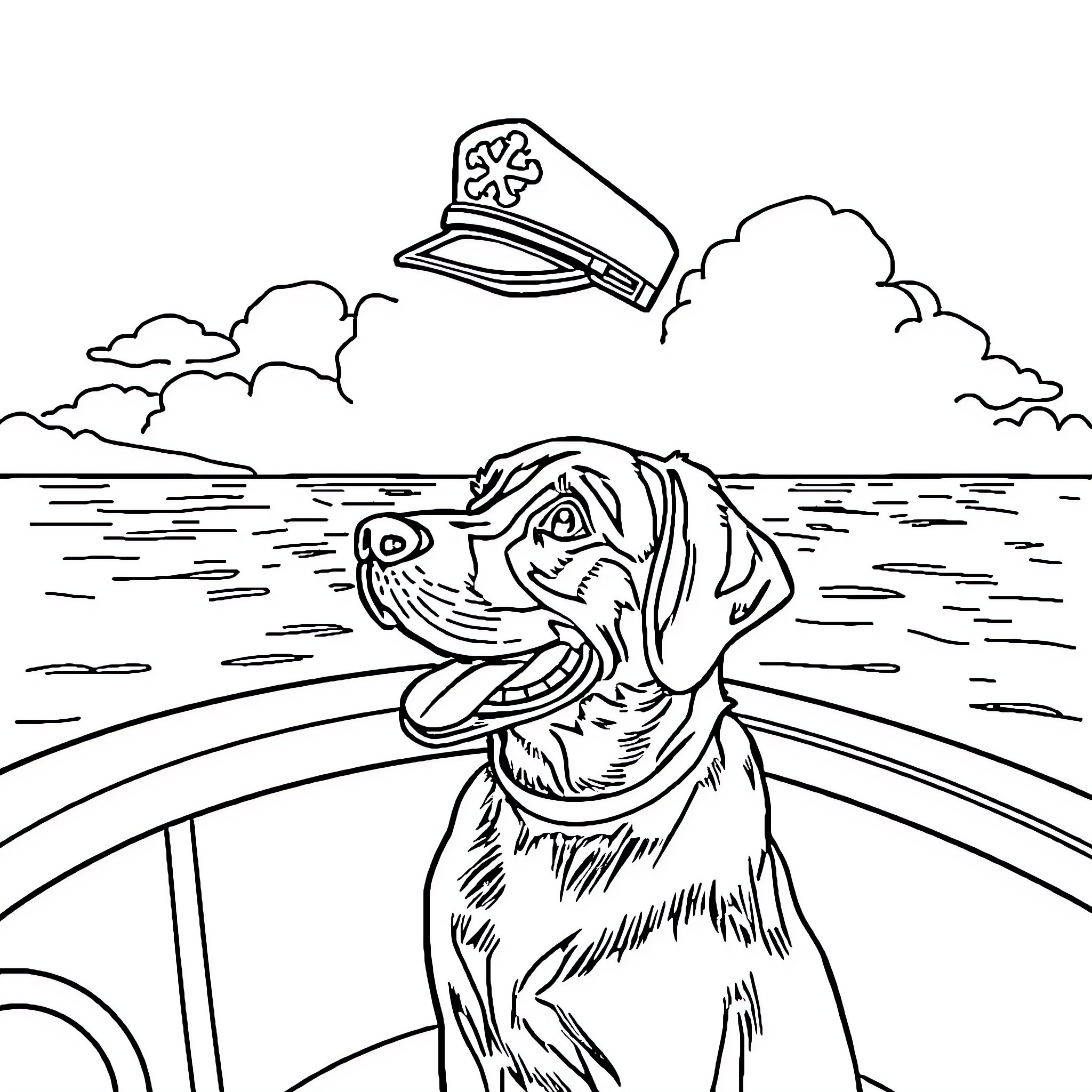 Dog enjoying boat ride with captain's hat Coloring Page (free black-and-white line drawing printable PDF for all, from beginners to advanced learners, including children, teens, adults, and seniors)