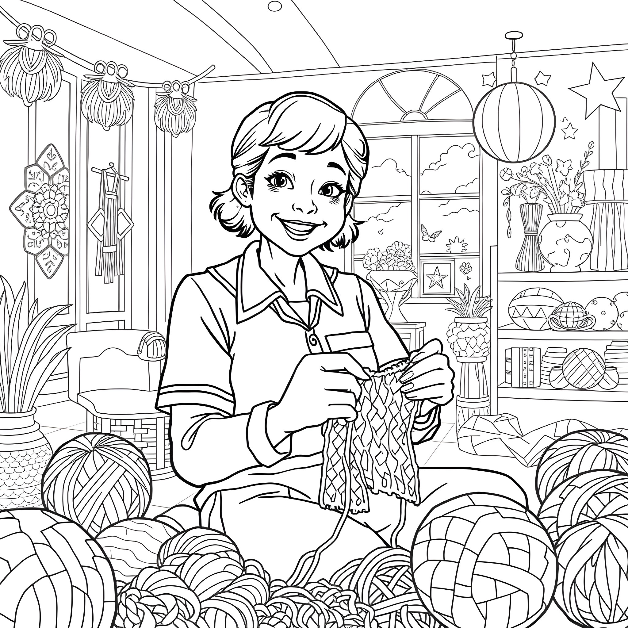Girl knitting in her cozy home surrounded by decorations Coloring Page (free black-and-white line drawing printable PDF for all, from beginners to advanced learners, including children, teens, adults, and seniors)