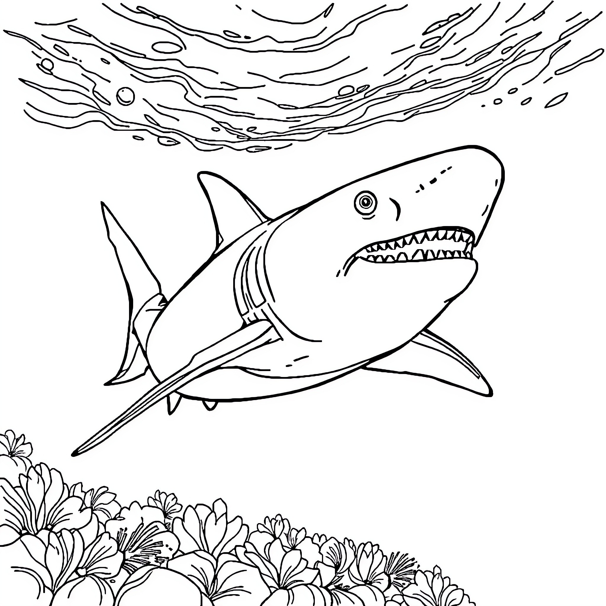 Megalodon shark swimming in the ocean Coloring Page (free black-and-white line drawing printable PDF for all, from beginners to advanced learners, including children, teens, adults, and seniors)