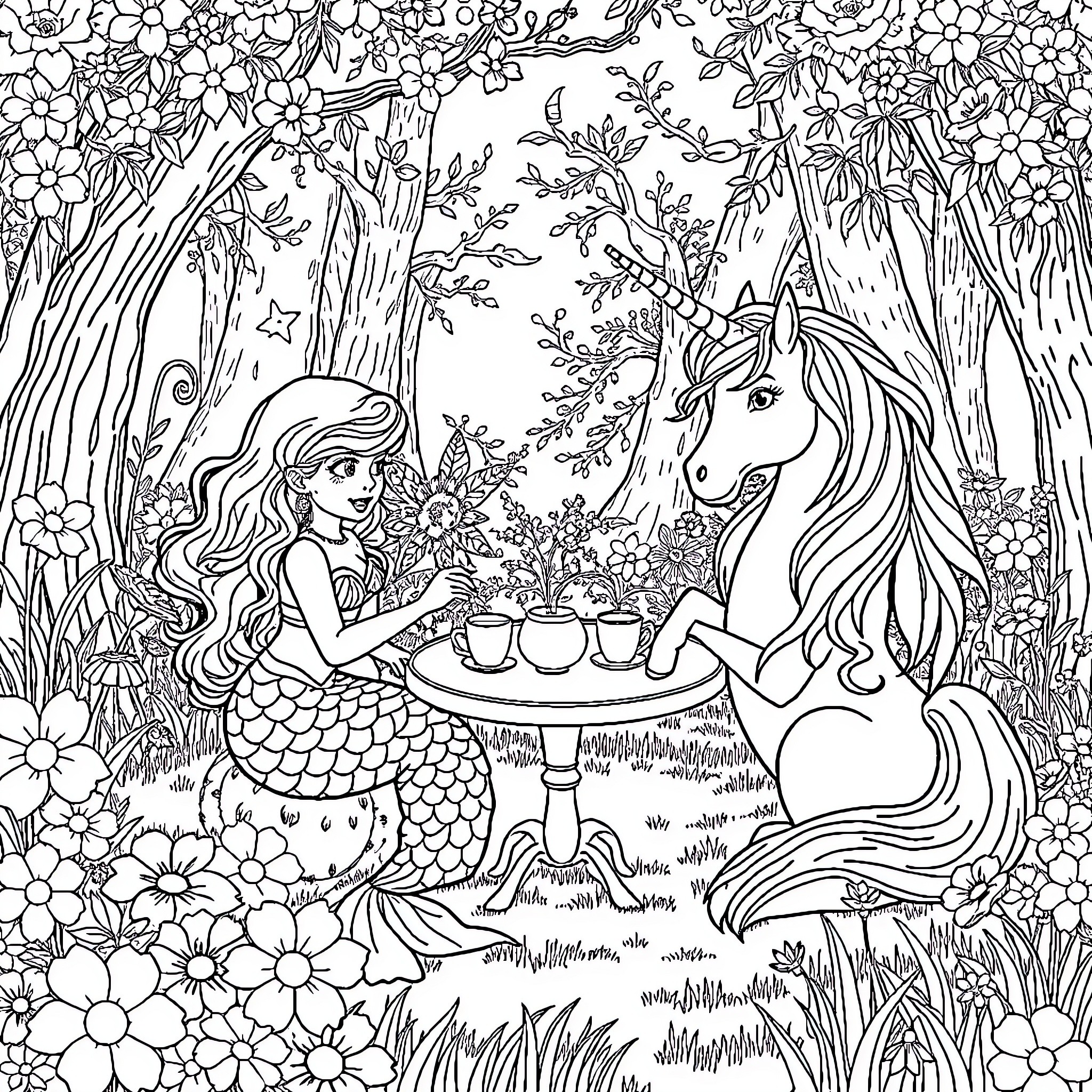 Mermaid enjoying tea with a unicorn in a magical garden Coloring Page (free black-and-white line drawing printable PDF for all, from beginners to advanced learners, including children, teens, adults, and seniors)