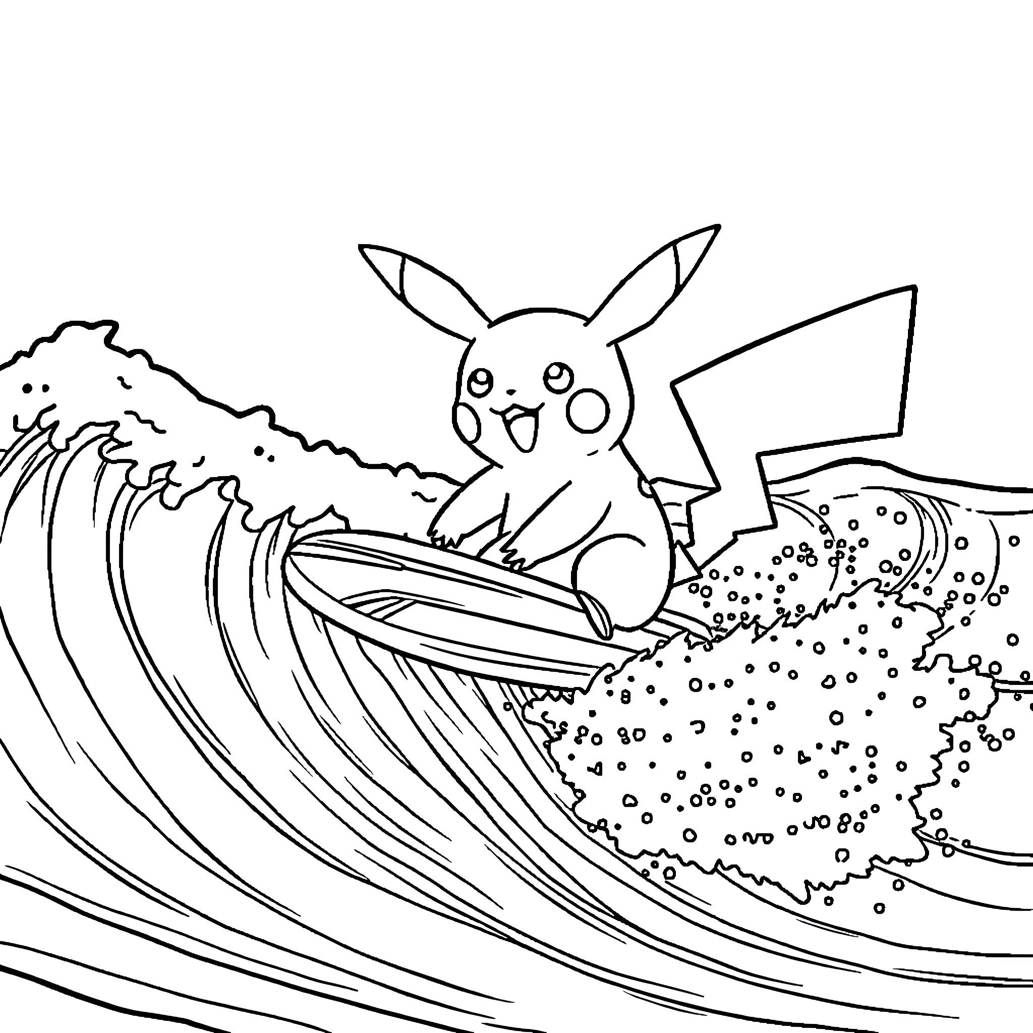 Pikachu surfing on a giant wave Coloring Page (free black-and-white line drawing printable PDF for all, from beginners to advanced learners, including children, teens, adults, and seniors)