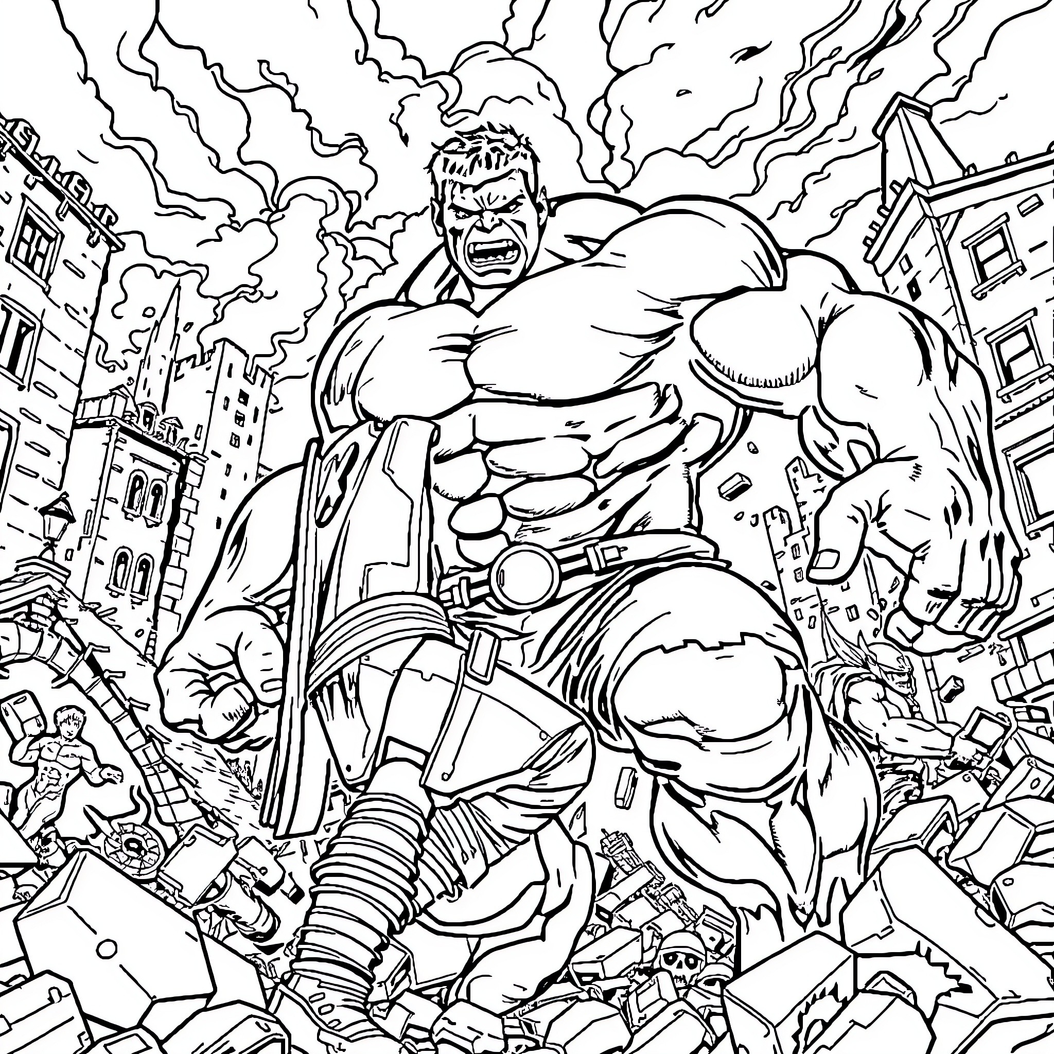 Hulk Rampaging Through the City Coloring Page (free black-and-white line drawing printable PDF for all, from beginners to advanced learners, including children, teens, adults, and seniors)