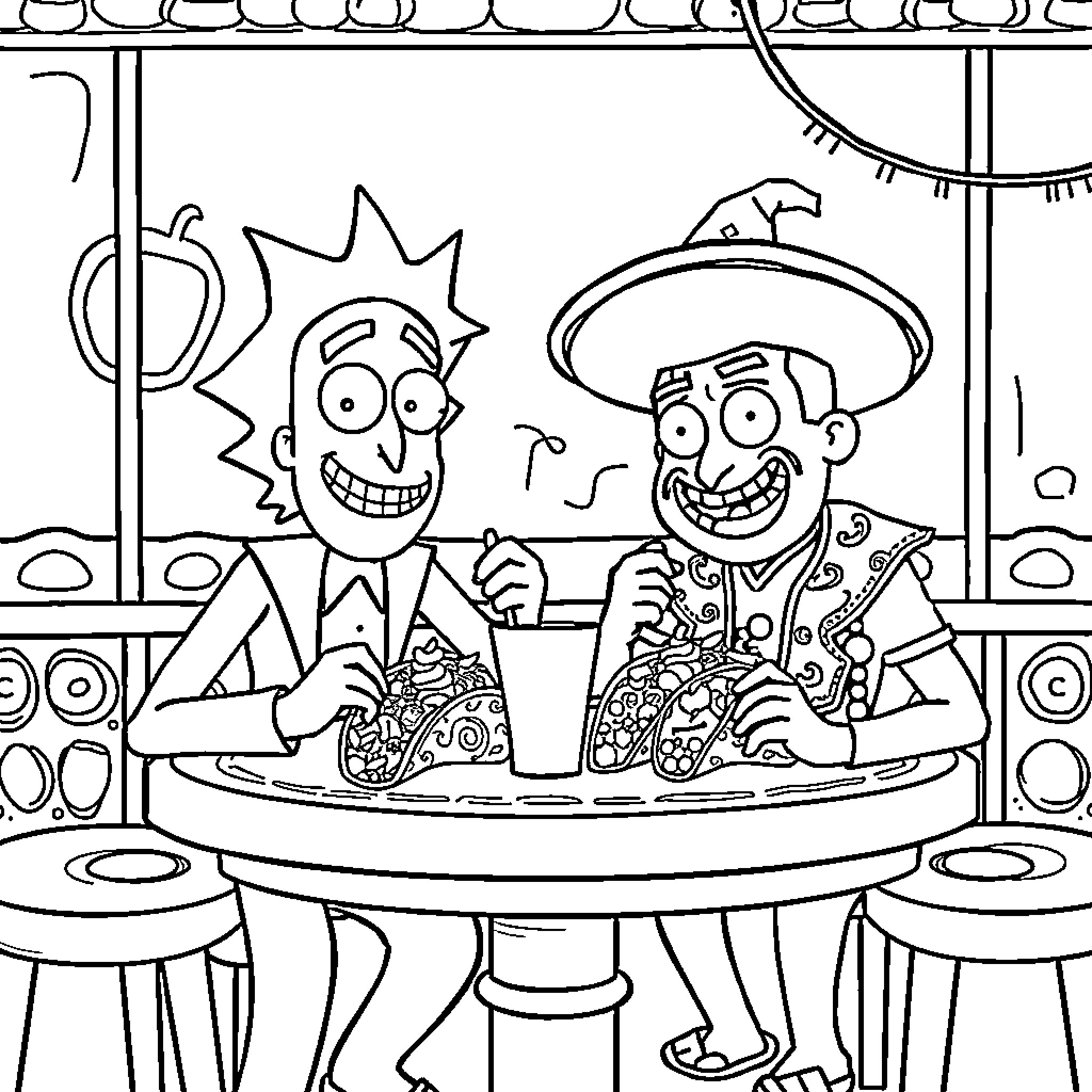 Morty and friend enjoying a fun day out Coloring Page (free black-and-white line drawing printable PDF for all, from beginners to advanced learners, including children, teens, adults, and seniors)