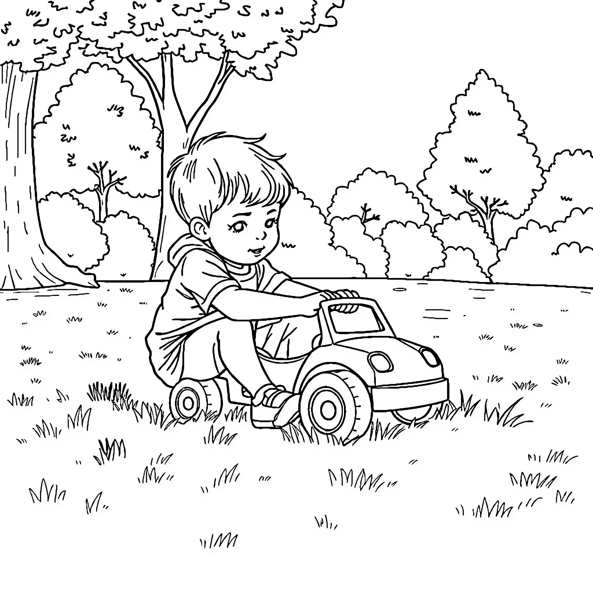 Kid playing with toy truck in the park Coloring Page (free black-and-white line drawing printable PDF for all, from beginners to advanced learners, including children, teens, adults, and seniors)