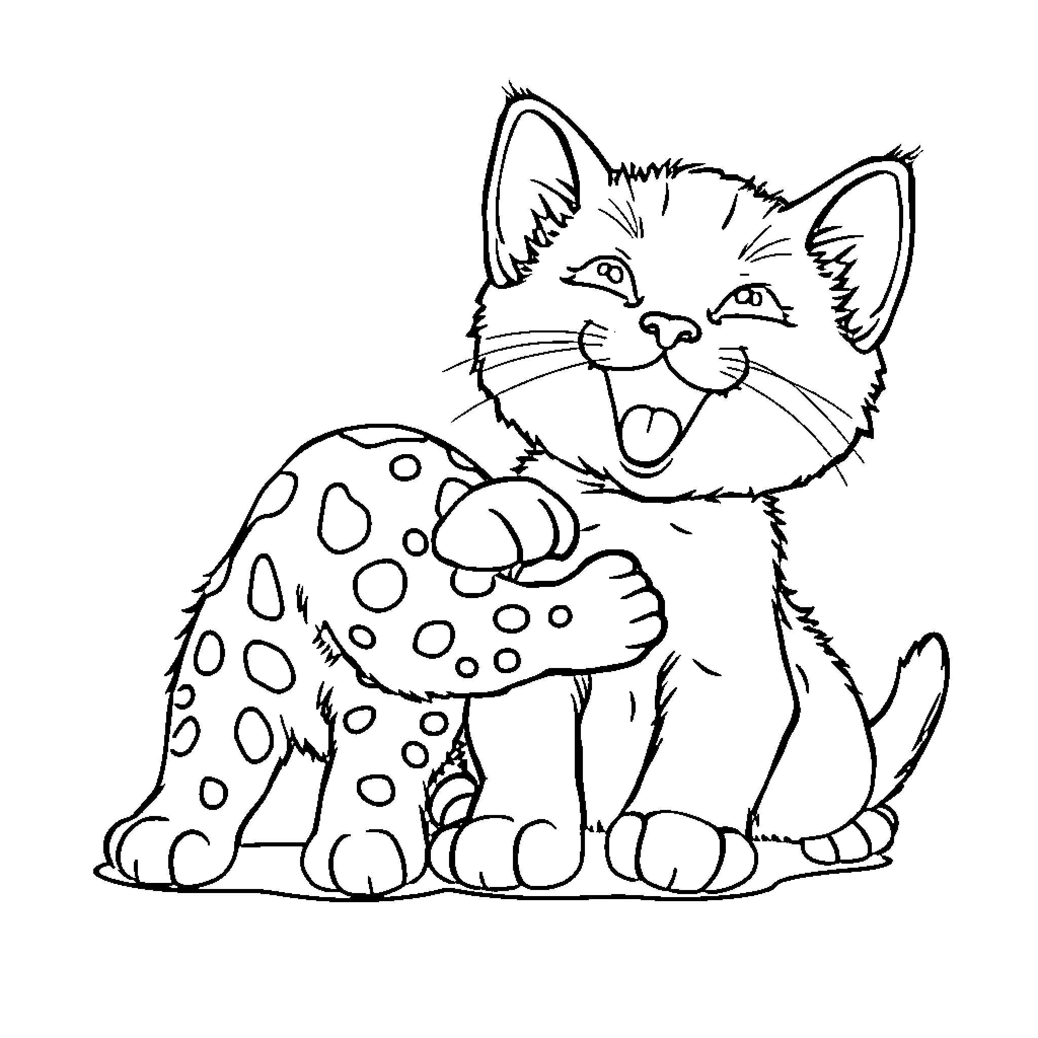Kitten playing with spotted pattern Coloring Page (free black-and-white line drawing printable PDF for all, from beginners to advanced learners, including children, teens, adults, and seniors)