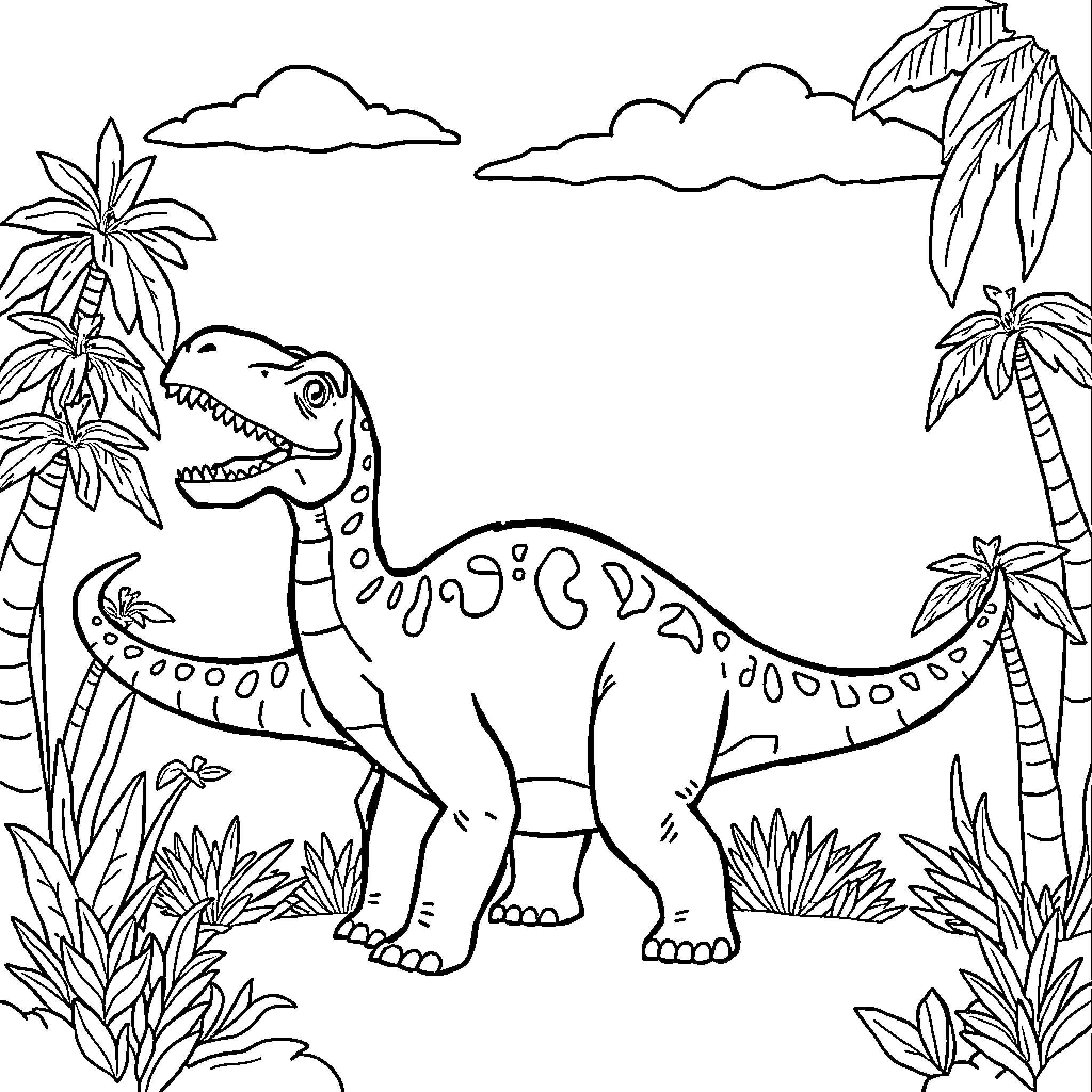 Dinosaur exploring the tropical landscape Coloring Page (free black-and-white line drawing printable PDF for all, from beginners to advanced learners, including children, teens, adults, and seniors)