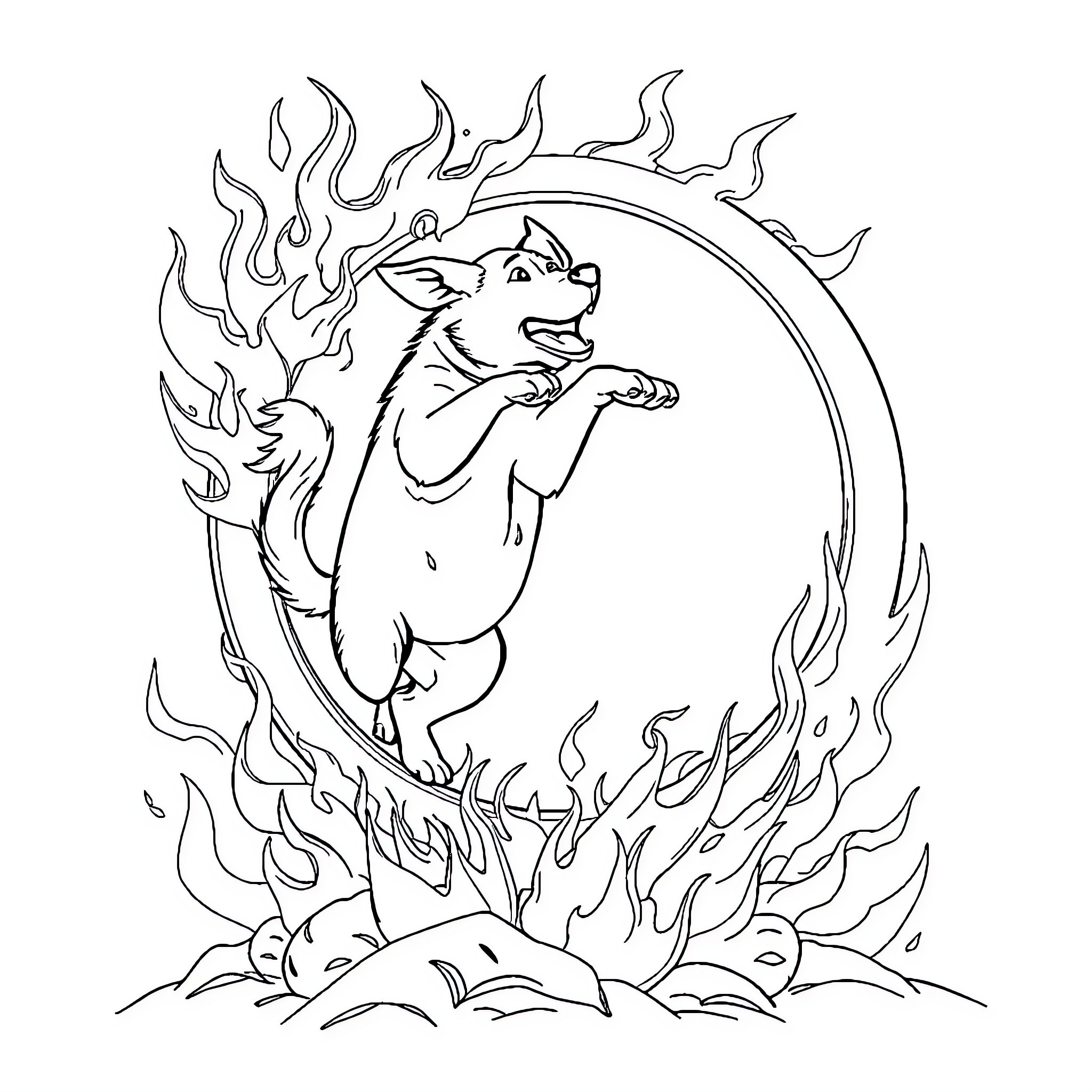 Dog jumping through fiery hoop Coloring Page (free black-and-white line drawing printable PDF for all, from beginners to advanced learners, including children, teens, adults, and seniors)