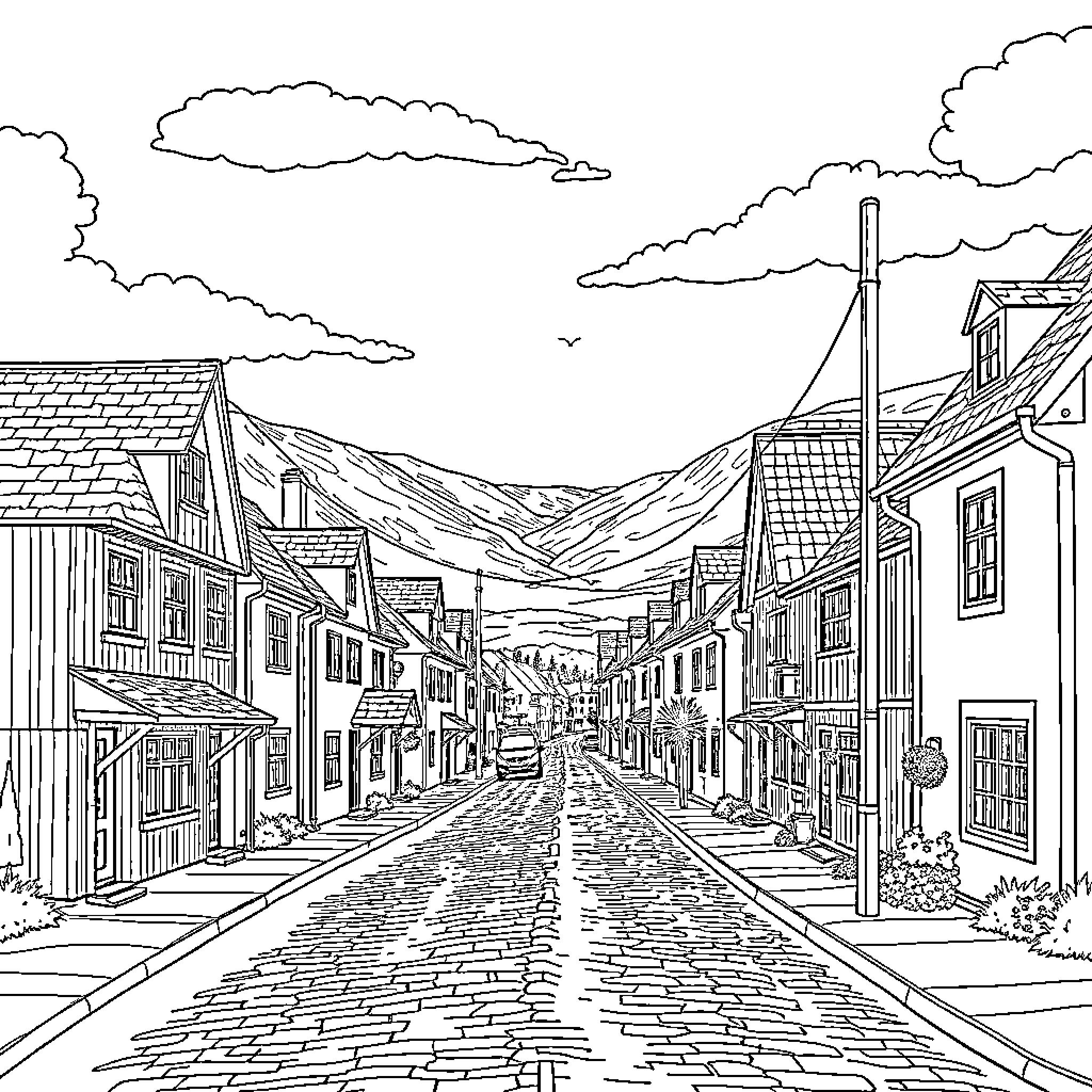 Einervegen: A quaint town with charming architecture and cobblestone streets Coloring Page (free black-and-white line drawing printable PDF for all, from beginners to advanced learners, including children, teens, adults, and seniors)