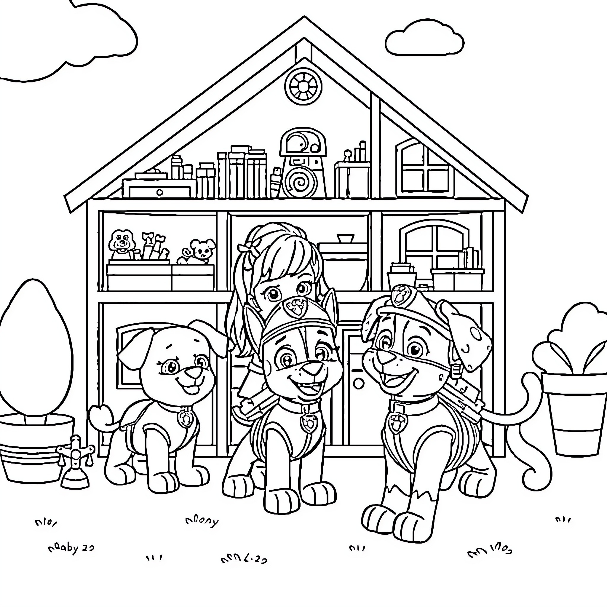 Dollhouse with Playful Characters Coloring Page (free black-and-white line drawing printable PDF for all, from beginners to advanced learners, including children, teens, adults, and seniors)