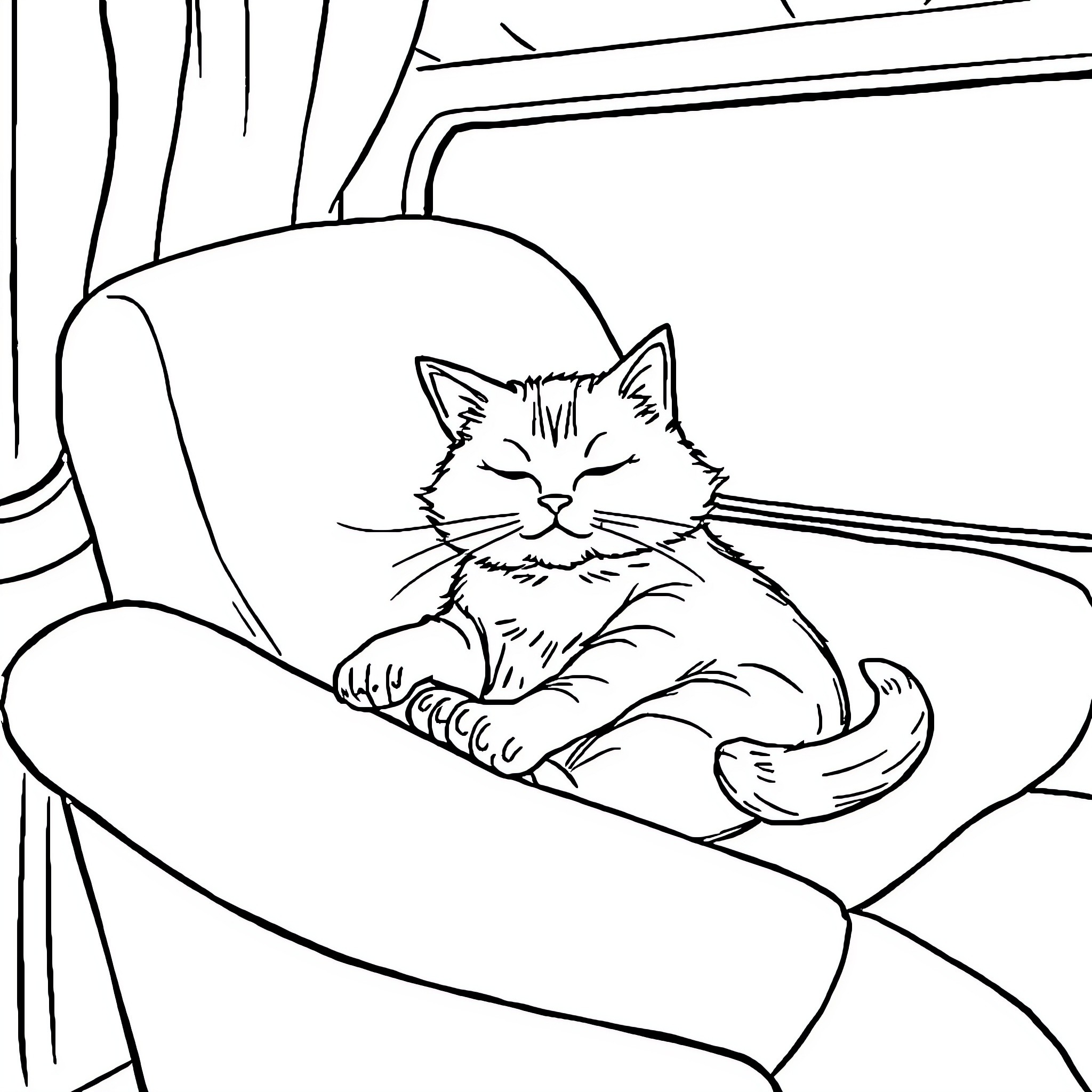 Cat resting comfortably in a chair Coloring Page (free black-and-white line drawing printable PDF for all, from beginners to advanced learners, including children, teens, adults, and seniors)