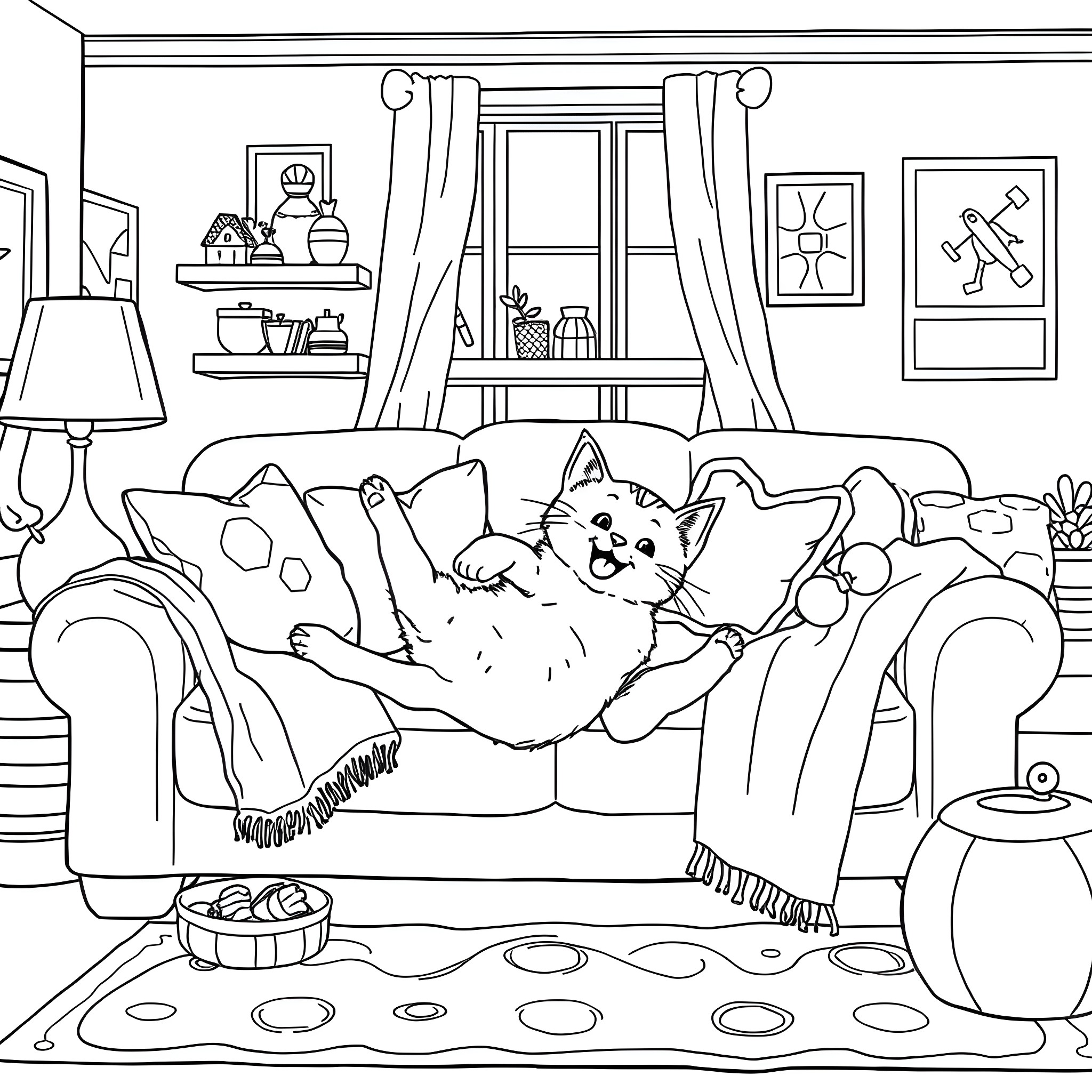 Cat relaxing comfortably on the couch Coloring Page (free black-and-white line drawing printable PDF for all, from beginners to advanced learners, including children, teens, adults, and seniors)