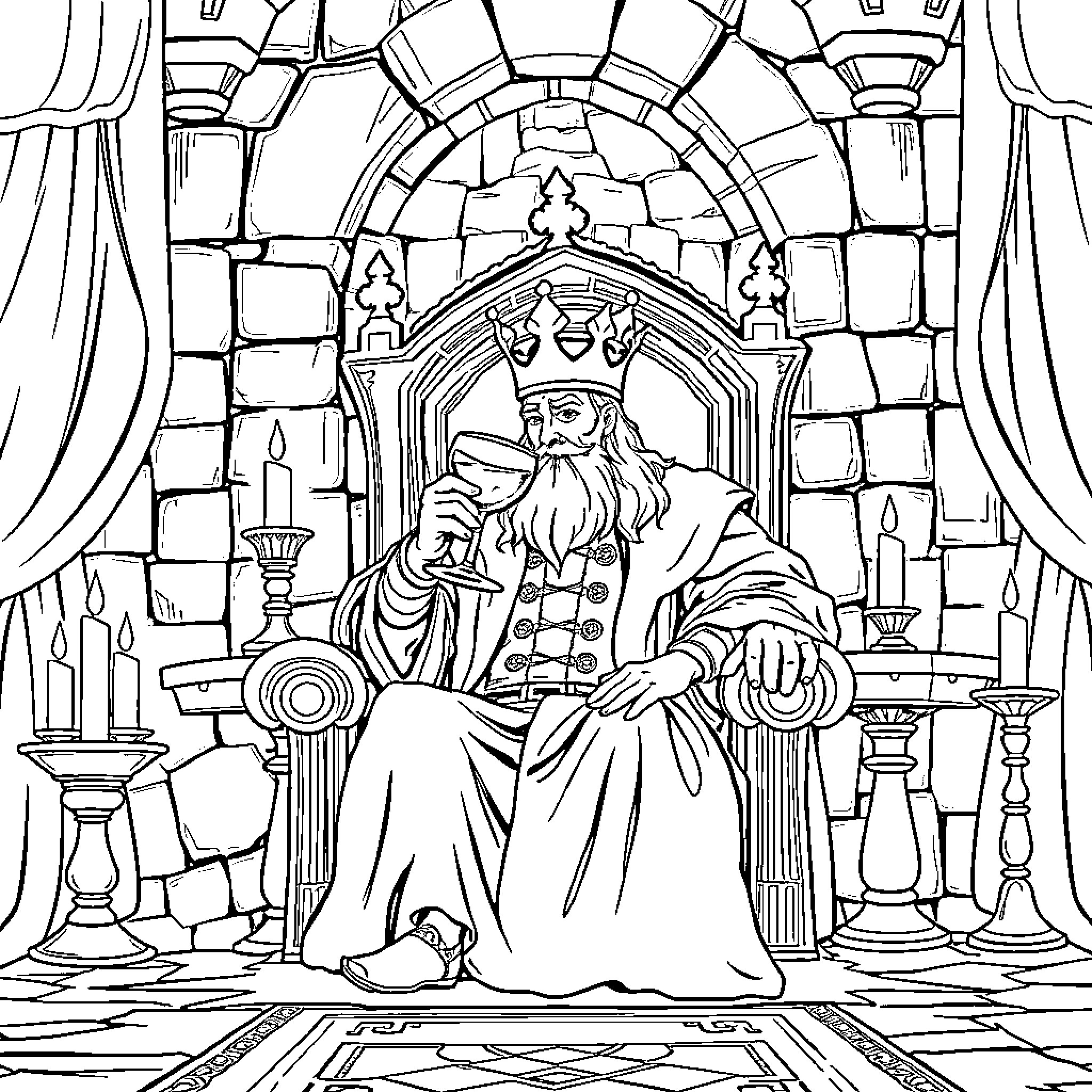 King seated on ornate throne in stone palace Coloring Page (free black-and-white line drawing printable PDF for all, from beginners to advanced learners, including children, teens, adults, and seniors)
