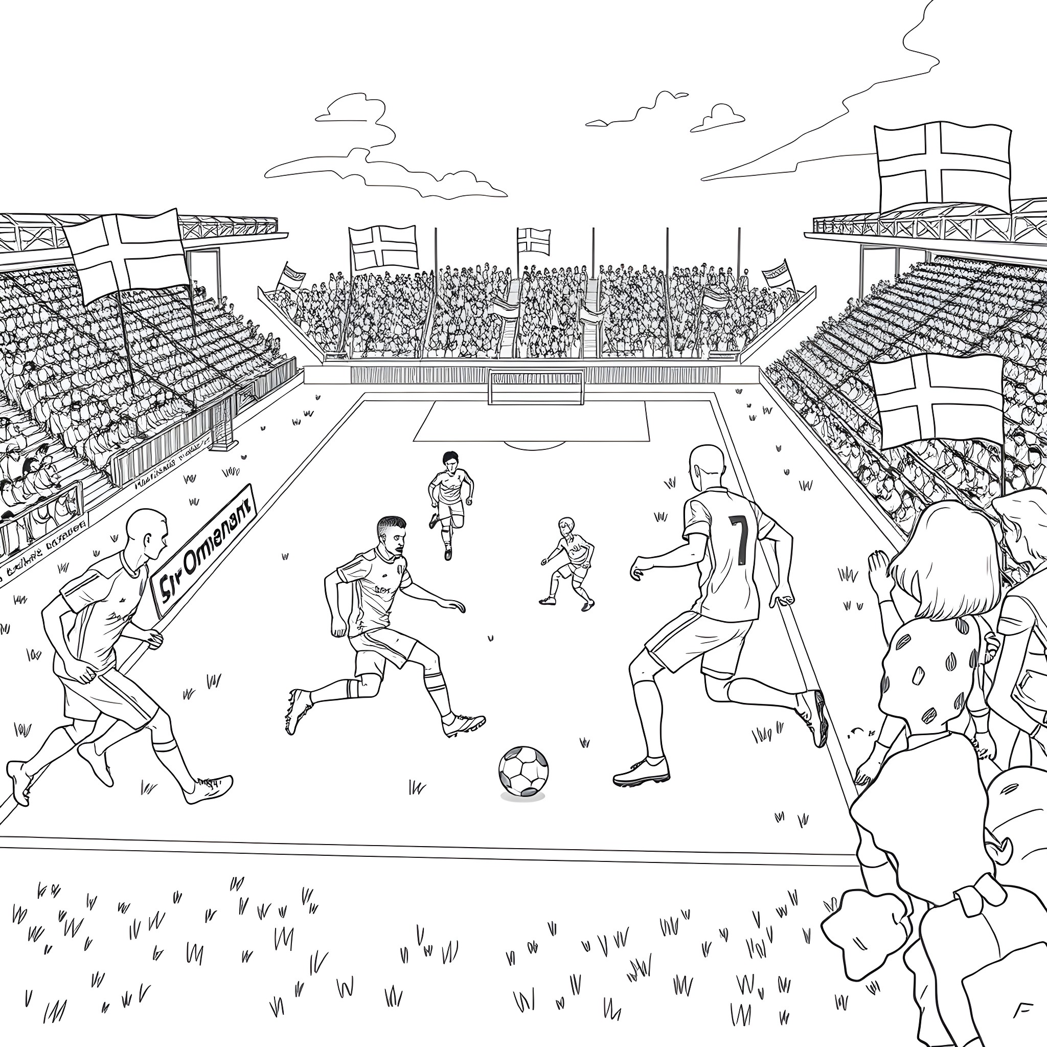 Soccer Team Players in Action on the Field Coloring Page (free black-and-white line drawing printable PDF for all, from beginners to advanced learners, including children, teens, adults, and seniors)