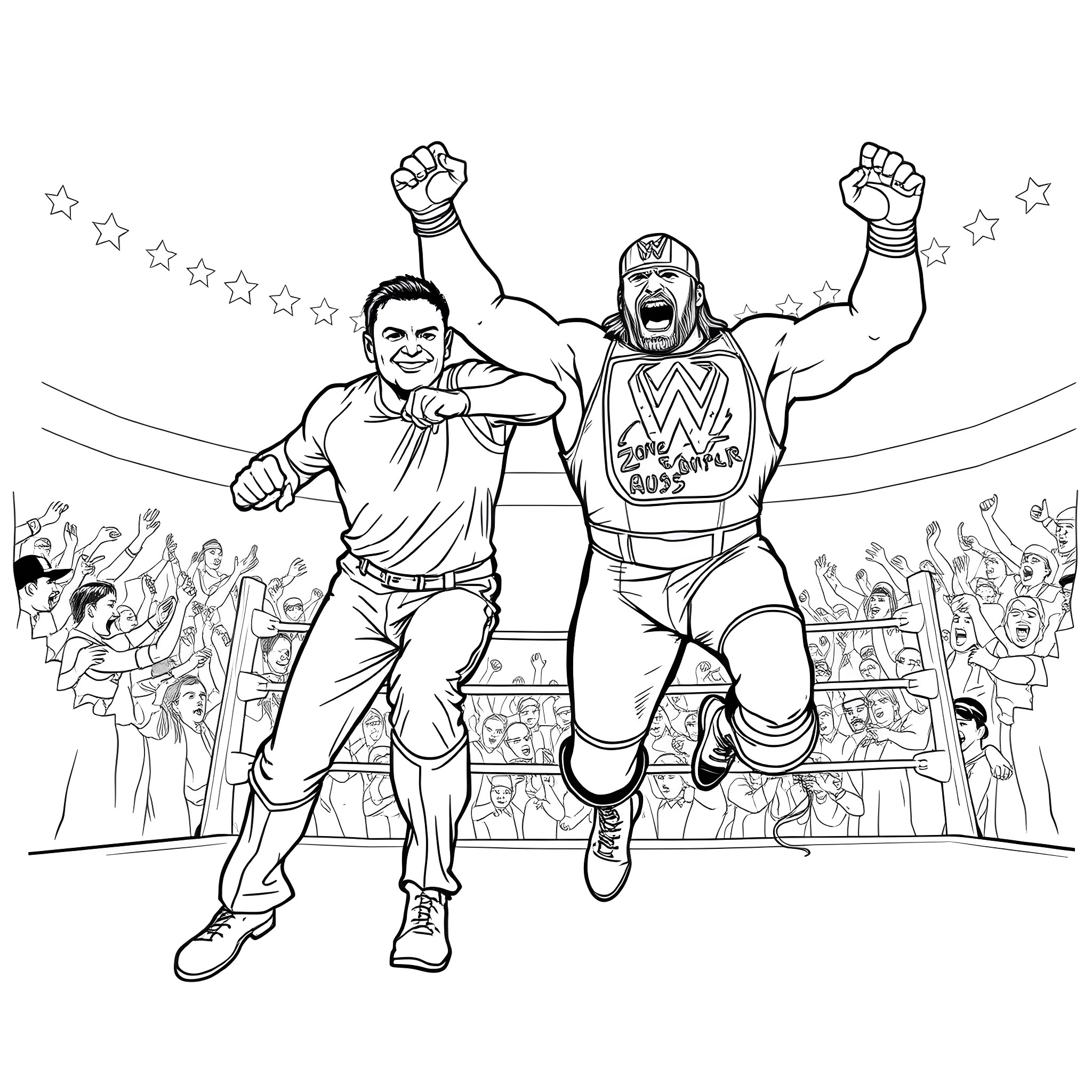 Wrestlers triumphantly celebrating victory in the ring Coloring Page (free black-and-white line drawing printable PDF for all, from beginners to advanced learners, including children, teens, adults, and seniors)