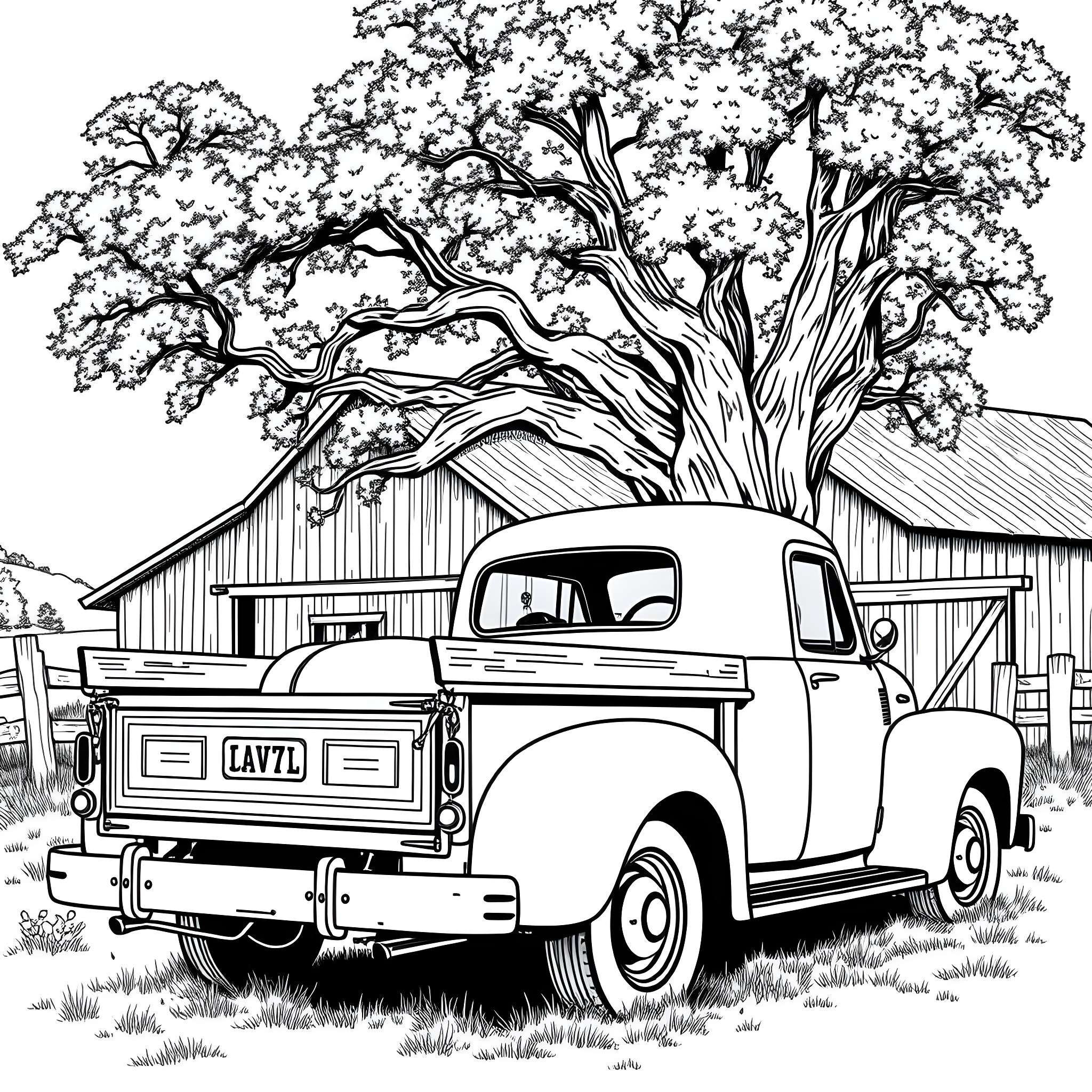 Truck with Old Barn in Countryside Coloring Page (free black-and-white line drawing printable PDF for all, from beginners to advanced learners, including children, teens, adults, and seniors)
