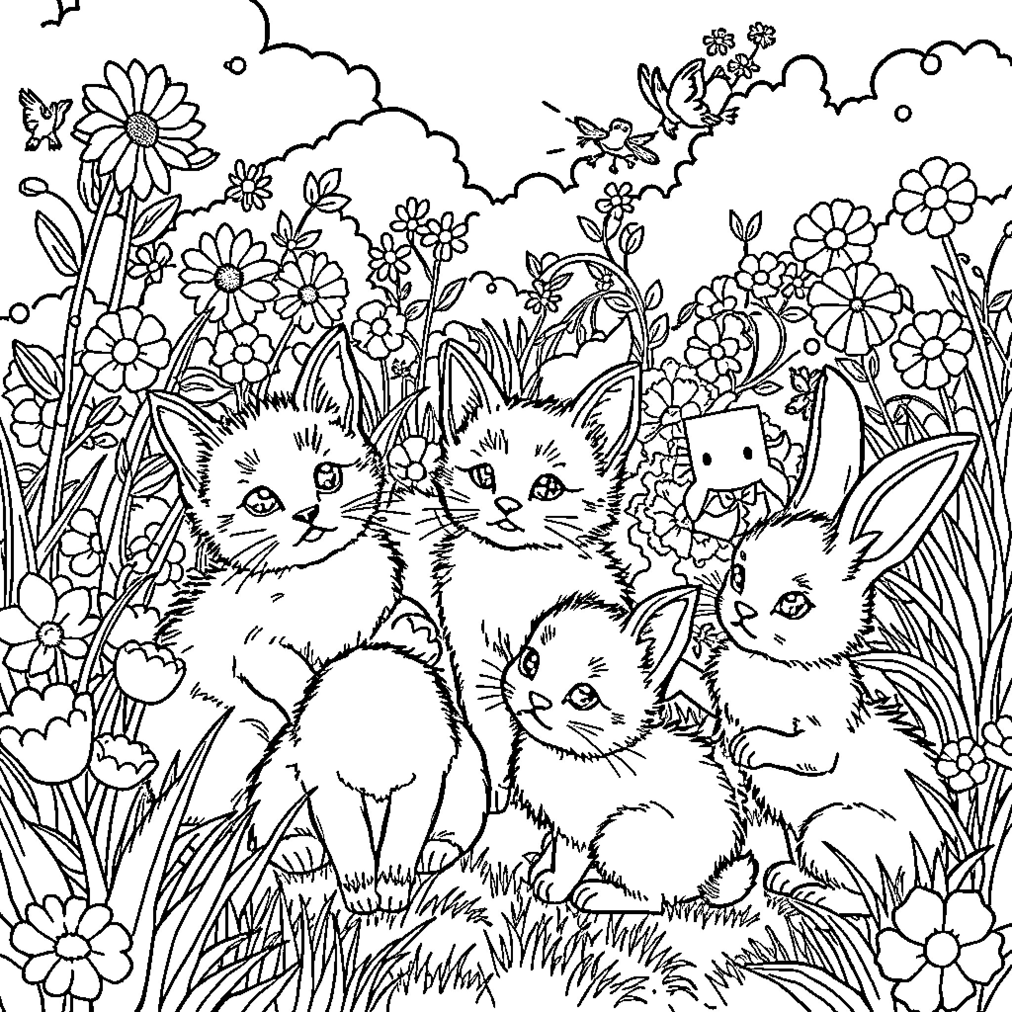 Kittens playing in a floral meadow Coloring Page (free black-and-white line drawing printable PDF for all, from beginners to advanced learners, including children, teens, adults, and seniors)