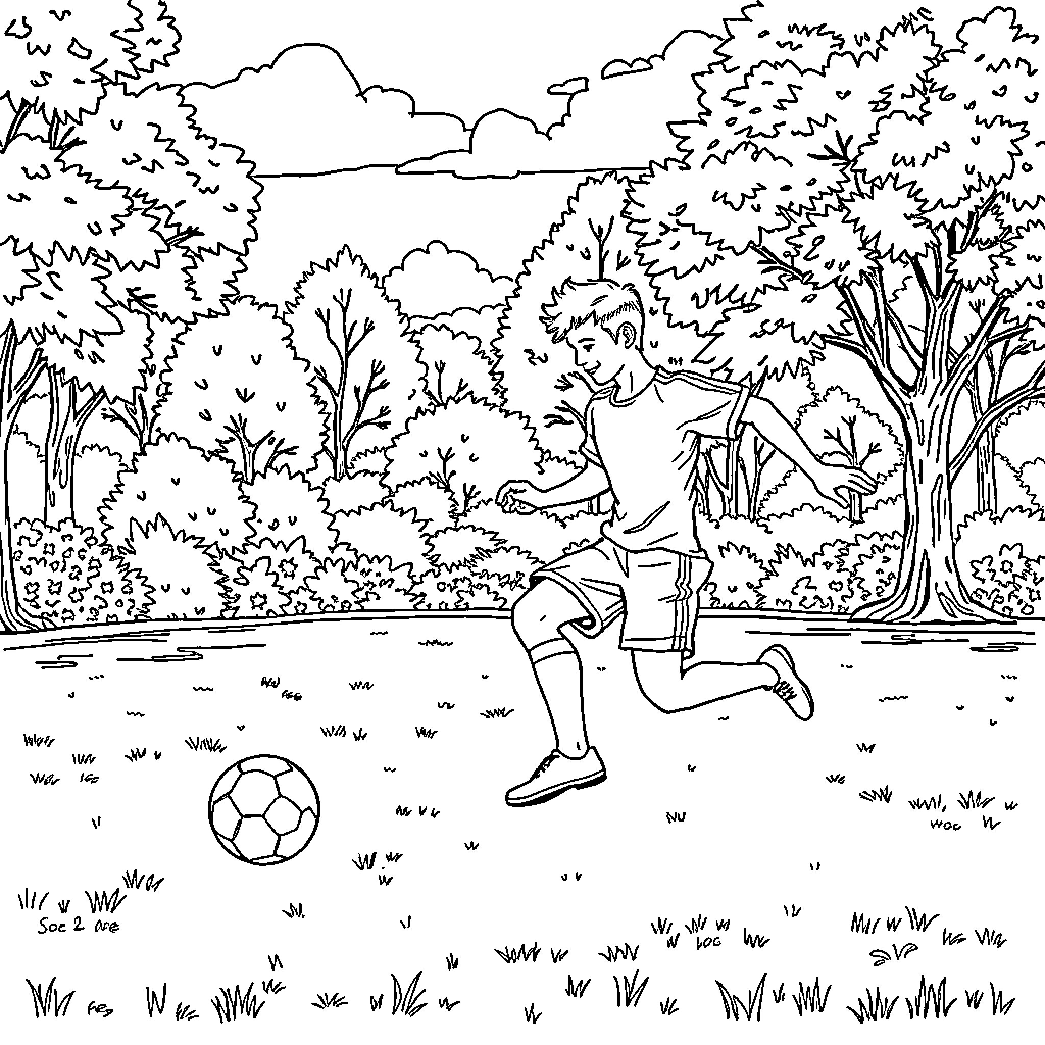 Salamander playing soccer in the forest Coloring Page (free black-and-white line drawing printable PDF for all, from beginners to advanced learners, including children, teens, adults, and seniors)