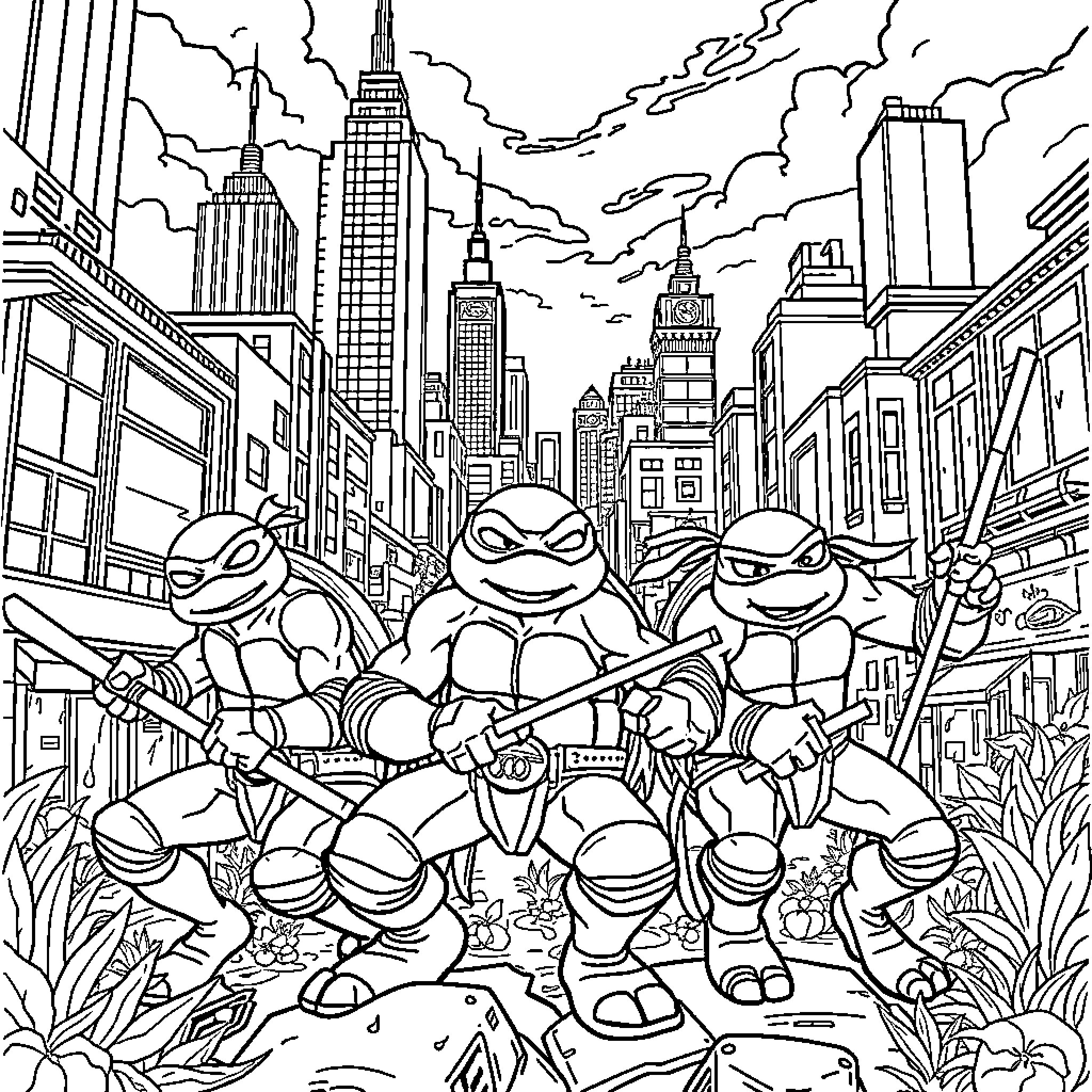 Turtle Heroes Defend the City Coloring Page (free black-and-white line drawing printable PDF for all, from beginners to advanced learners, including children, teens, adults, and seniors)