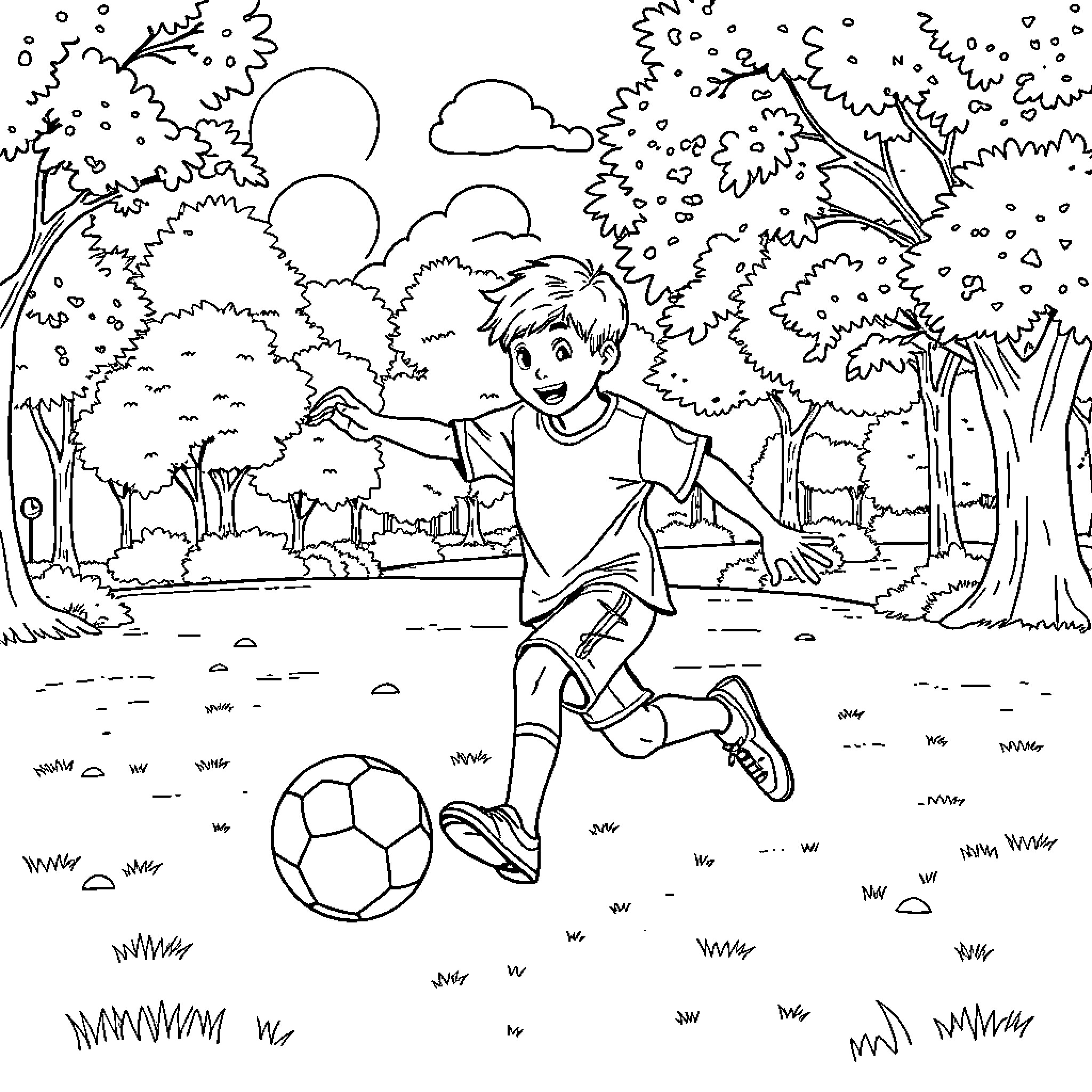 Boy playing with soccer ball in the park Coloring Page (free black-and-white line drawing printable PDF for all, from beginners to advanced learners, including children, teens, adults, and seniors)
