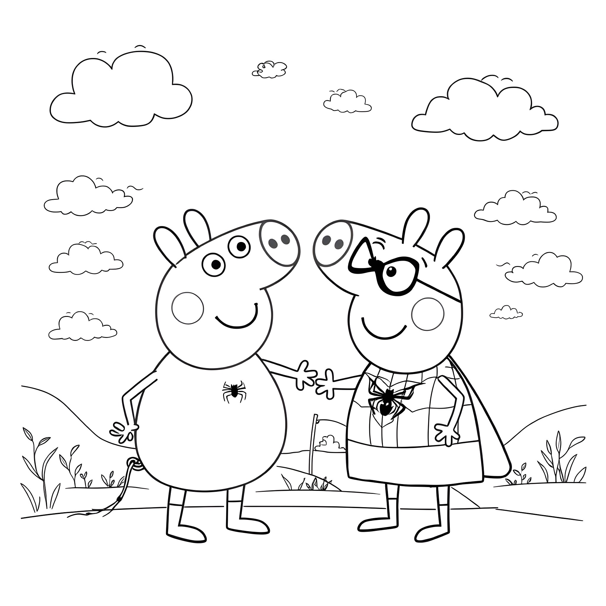 Peppa Pig and George enjoying a playful day outdoors Coloring Page (free black-and-white line drawing printable PDF for all, from beginners to advanced learners, including children, teens, adults, and seniors)